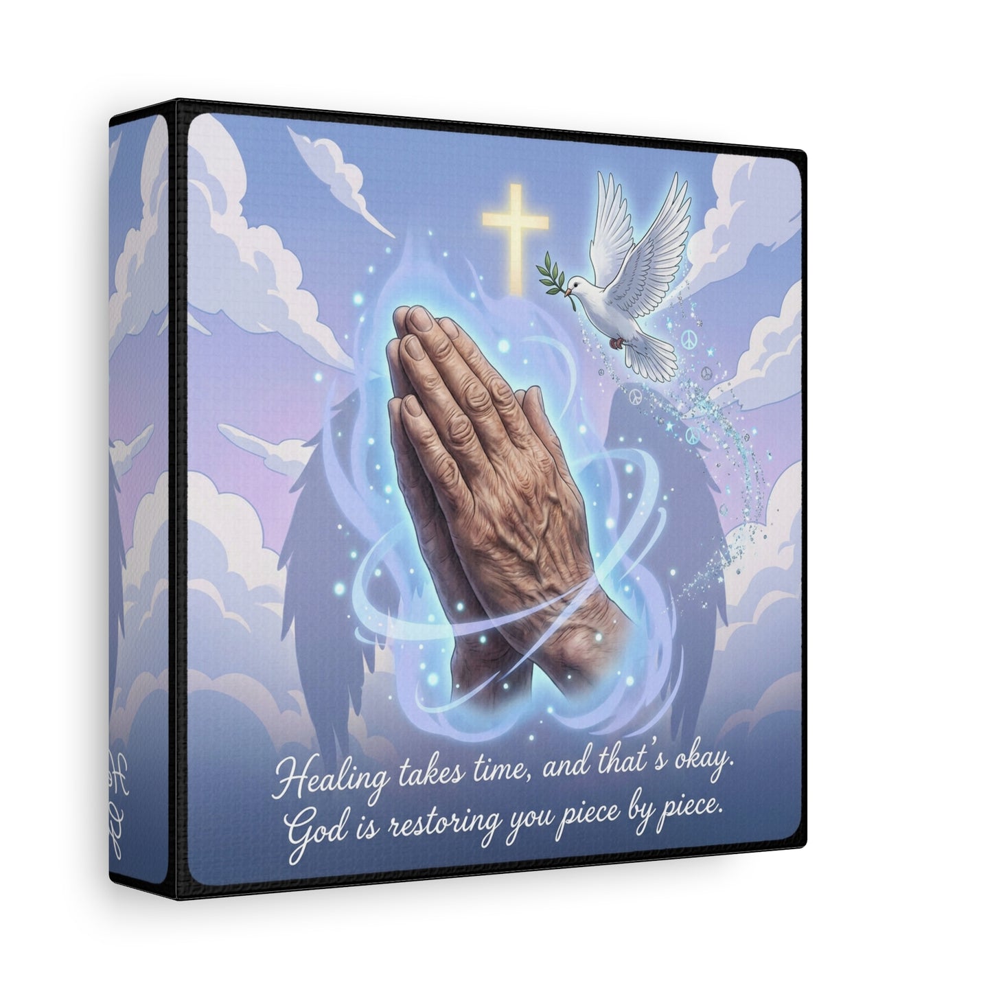 "Healing Takes Time, And That’s Okay. God Is Restoring You Piece By Piece." Christian Canvas Wall Art - Praying Hands, Dove, Cross - Faith Inspired Blue Sky Decor - Bedroom Living Room Office