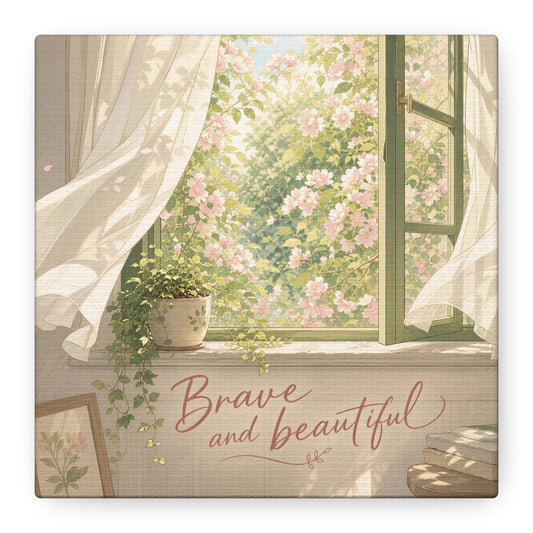 "Brave And Beautiful" Inspirational Canvas Wall Art - Open Window Pink Blossoms, Sheer Curtains, Botanical Quote Print - Soft Vintage Style - Bedroom Wall Decor, Living Room Accent - Ready to Hang