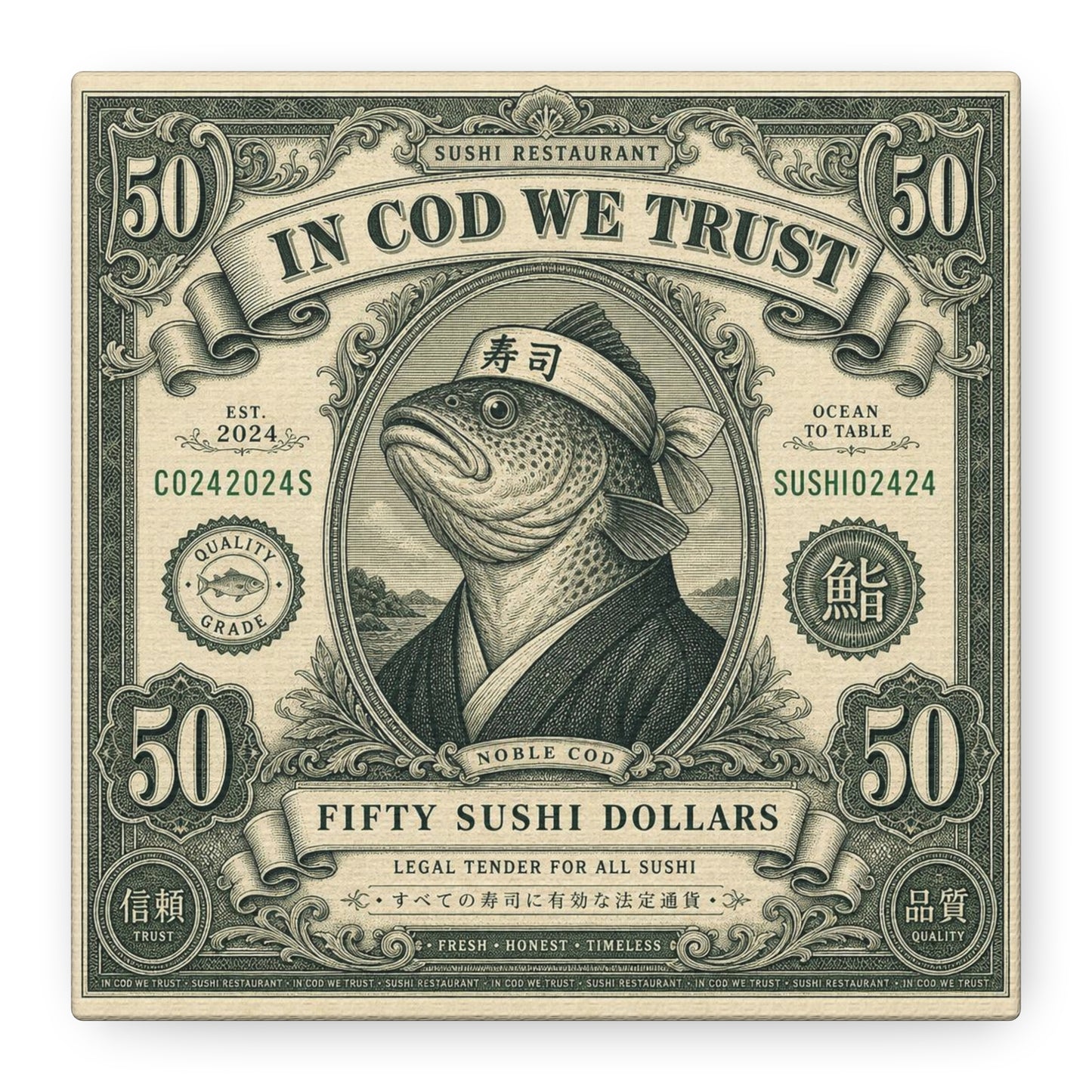 "In Cod We Trust" Sushi Restaurant Canvas Wall Art - Vintage Money Bill Fish Illustration, Typography Poster Style, Cotton Canvas Print, Cafe Decor, Dining Room Accent, Office Art - Ready to Hang