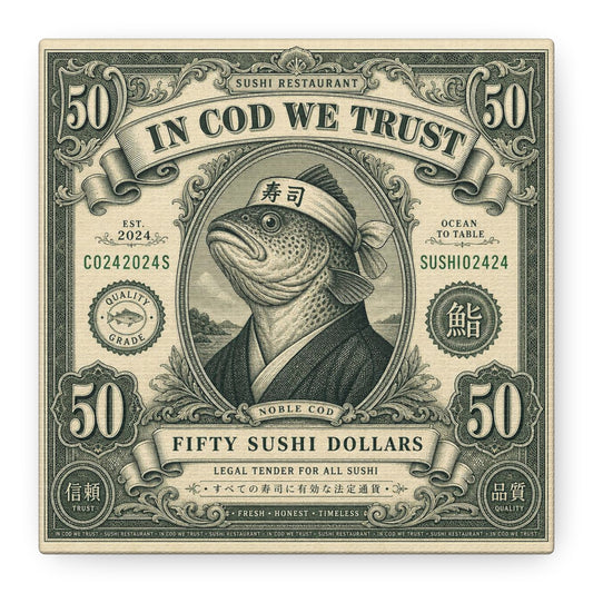 "In Cod We Trust" Sushi Restaurant Canvas Wall Art - Vintage Money Bill Fish Illustration, Typography Poster Style, Cotton Canvas Print, Cafe Decor, Dining Room Accent, Office Art - Ready to Hang