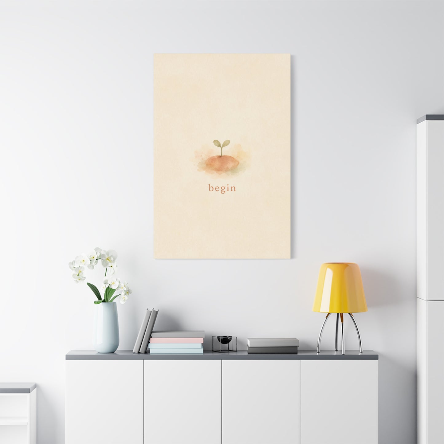 "Begin" Minimalist Sprout Canvas Wall Art - Inspirational Typography Print, Soft Beige Botanical Watercolor - Contemporary Neutral Decor For Bedroom, Nursery, Home Office, Meditation Space