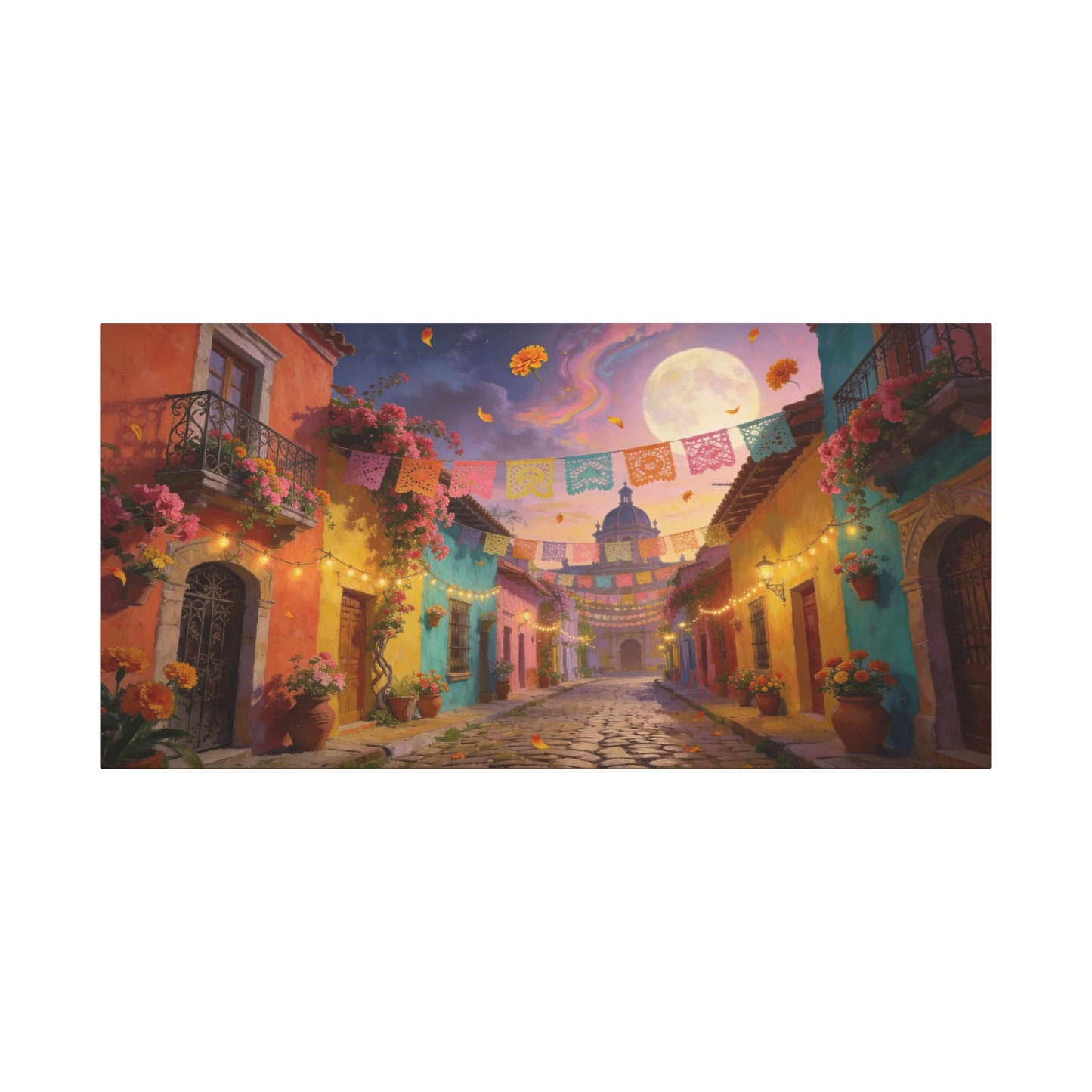 Moonlit Colorful Colonial Street Canvas Wall Art - Papel Picado, Marigolds, Full Moon - Dreamy Matte Canvas Print - Living Room Wall Decor, Bedroom Home Decoration - Bedroom Home Decoration