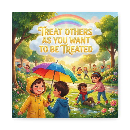 "Treat Others As You Want To Be Treated" Kids Canvas Wall Art - Rainbow Umbrella Kindness Quote Print - Colorful Classroom Decor - Nursery Playroom Bedroom Home Decoration - Bohemian Wall Hanging