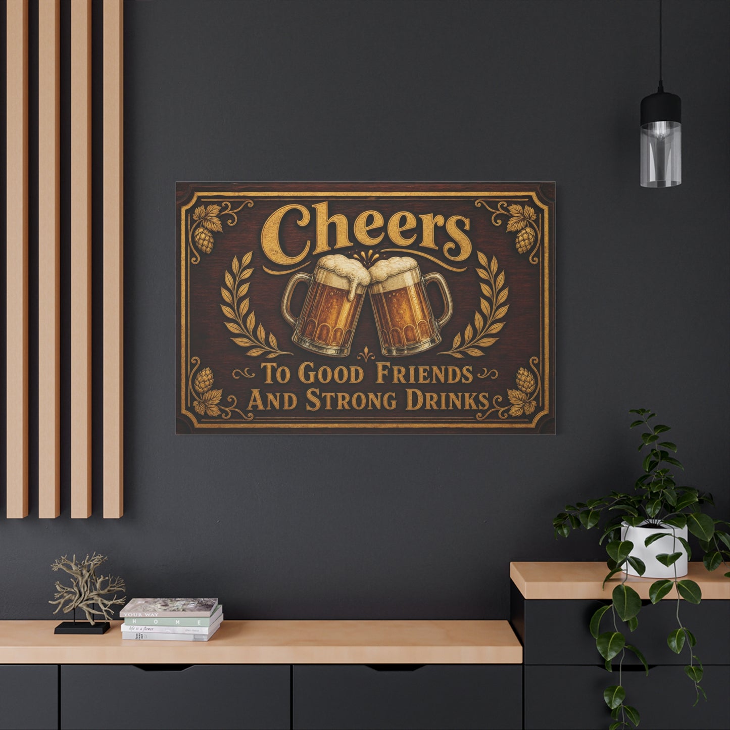 "Cheers To Good Friends And Strong Drinks" Canvas Wall Art - Vintage Beer Mug Pub Sign, Rustic Bar Decor, Brown Gold Typography Print, Man Cave Wall Hanging, Kitchen Dining Room Accent - Ready to Hang