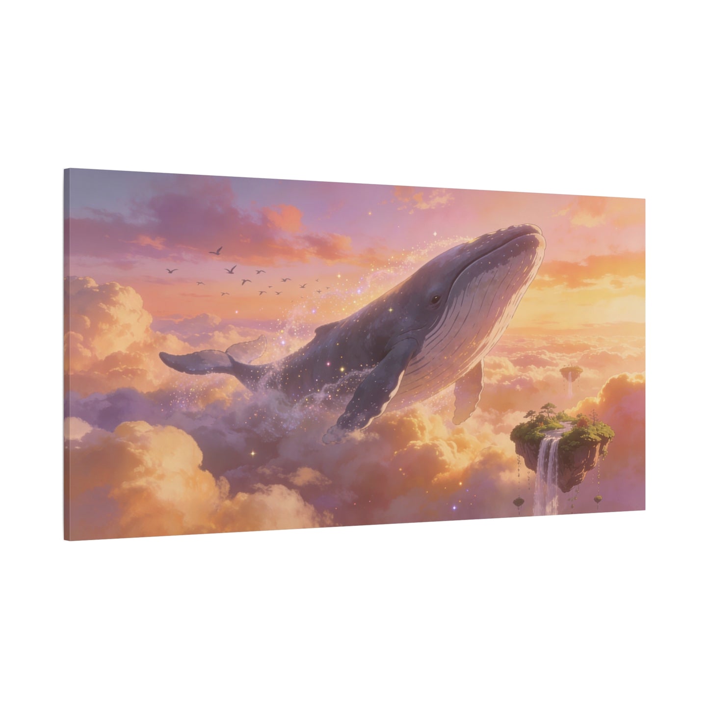 Fantasy Whale Canvas Wall Art - Dreamlike Sky Ocean Scene, Floating Island Waterfall - Matte Cotton Art Print - Surreal Contemporary Style - Living Room Wall Decor Bedroom Accent - Ready to Hang