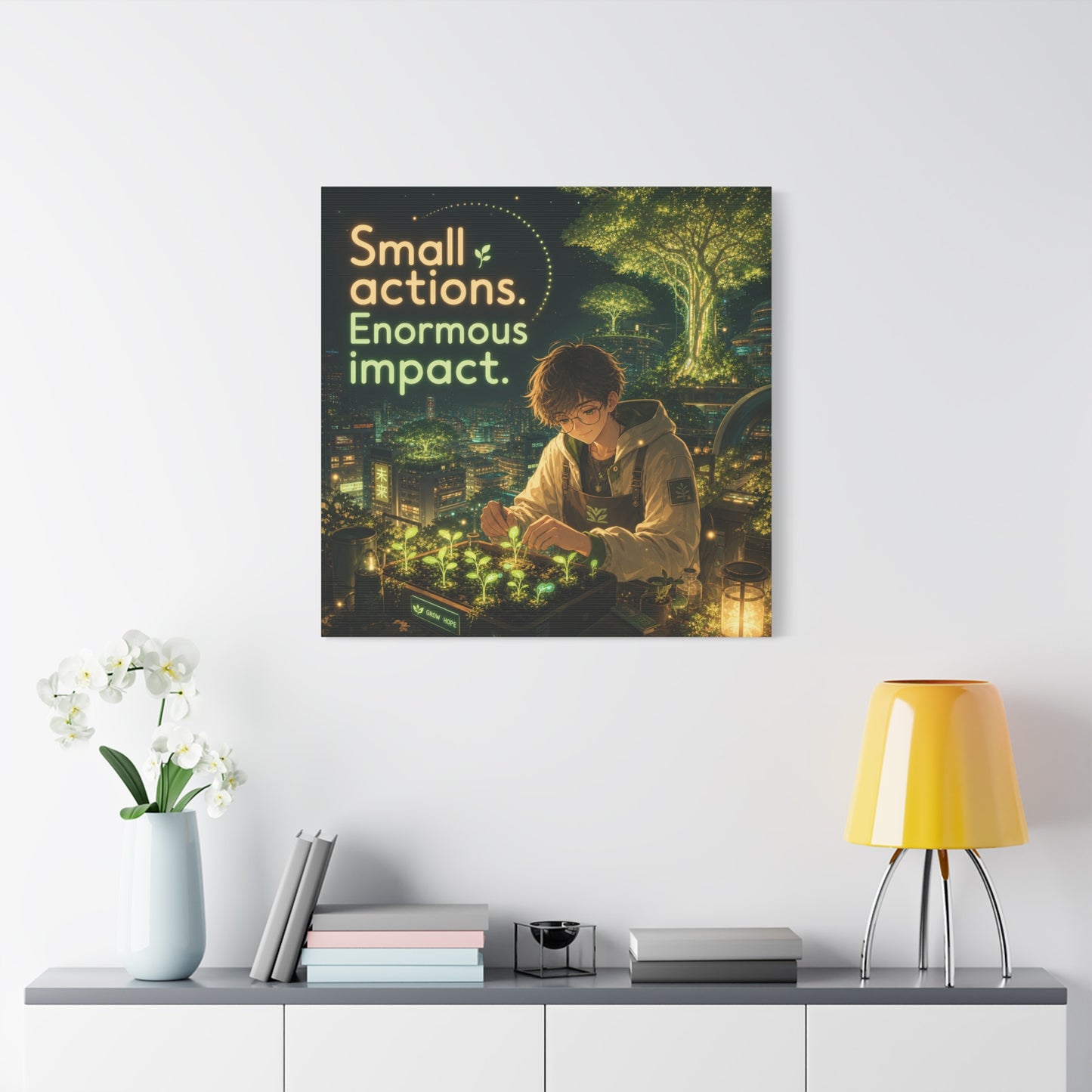 "Small Actions. Enormous Impact." Inspirational Canvas Wall Art - Anime Boy Gardening Cityscape - Glowing Green Night Illustration - Bedroom Home Decoration, Home Office Decor - Living Room Wall Decor