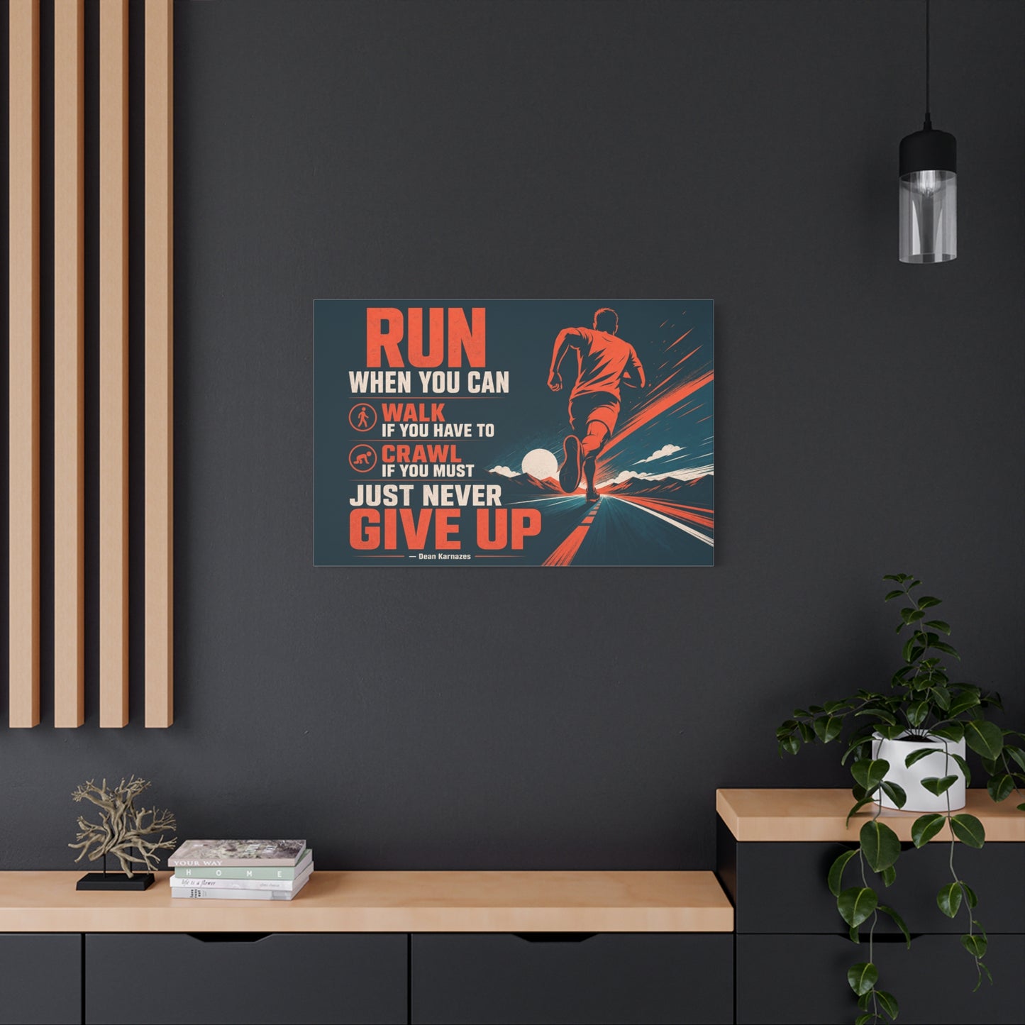 "Run When Able Walk If Needed Crawl If Required Just Never Give Up" Motivational Canvas Wall Art - Runner Road Quote Print, Retro Typography, Gym Wall Hanging - Ready to Hang - Fitness Studio Art