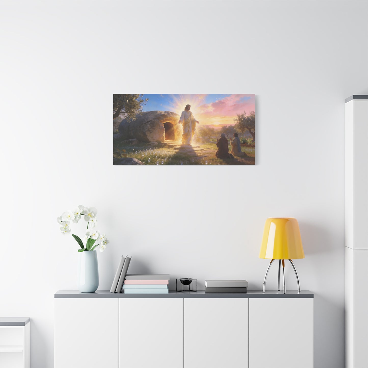 Resurrection Of Jesus Christ Canvas Wall Art - Empty Tomb Sunrise Christian Decor - Glowing Sacred Illustration, Traditional Style - Bedroom Wall Decor, Living Room Home Accent - Cozy Reading Nook Art