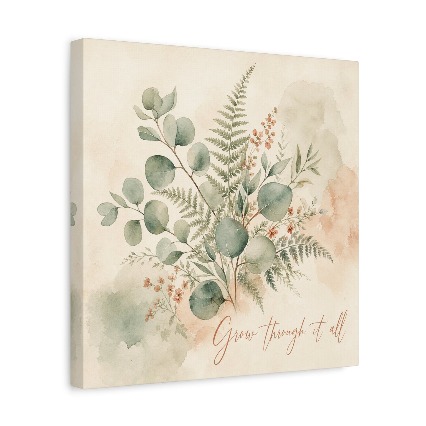 "Grow Through It All" Botanical Canvas Wall Art - Eucalyptus Fern Watercolor Quote Print, Sage Green Floral Home Decor - Modern Farmhouse Style, Bedroom Wall Hanging - Ready to Hang - Ready to Hang