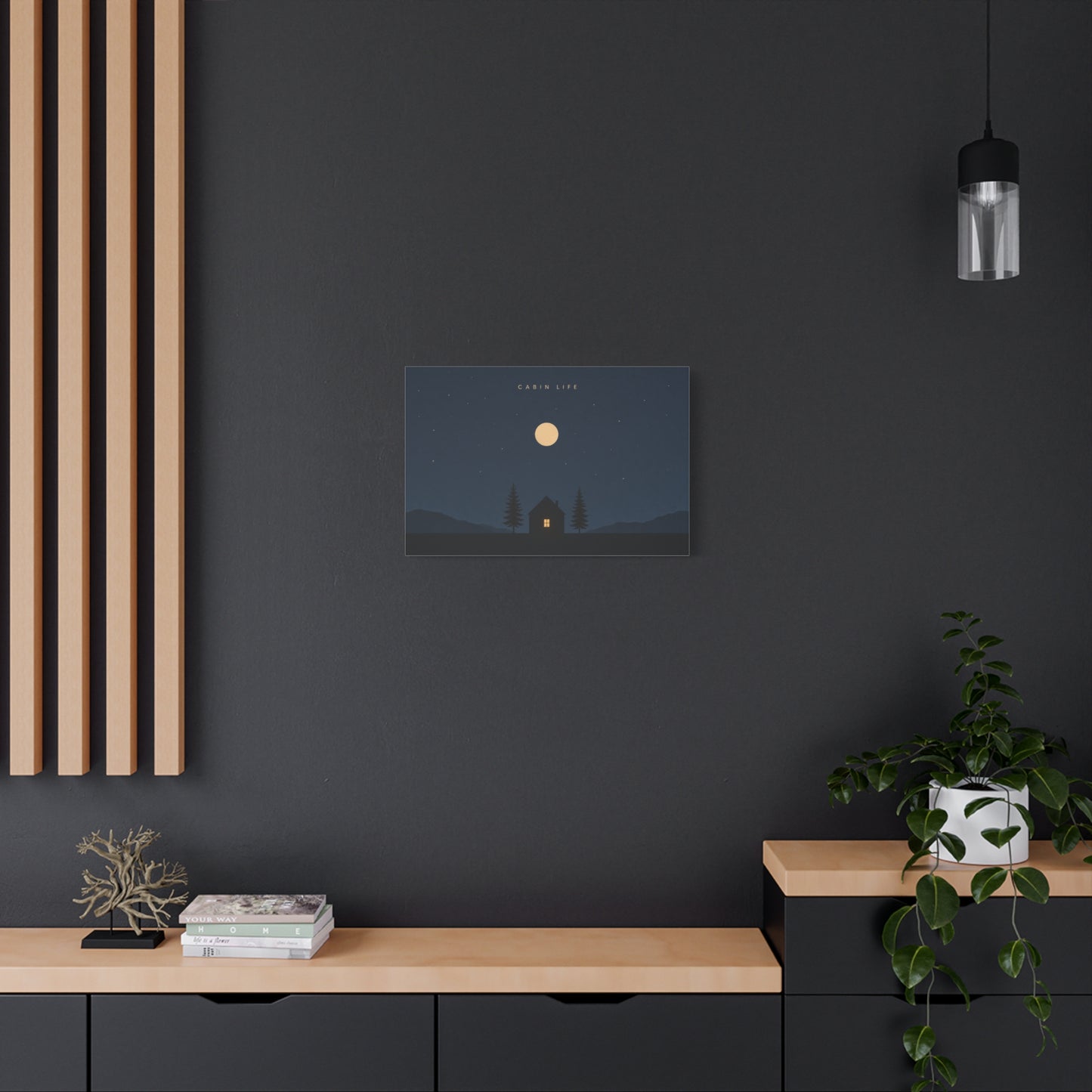 "Cabin Life" Moonlit Forest Canvas Wall Art - Minimalist Night Landscape Print - Rustic Lodge Decor, Bedroom Wall Accent, Living Room Decoration, Mountain Retreat Style - Bedroom Home Decoration