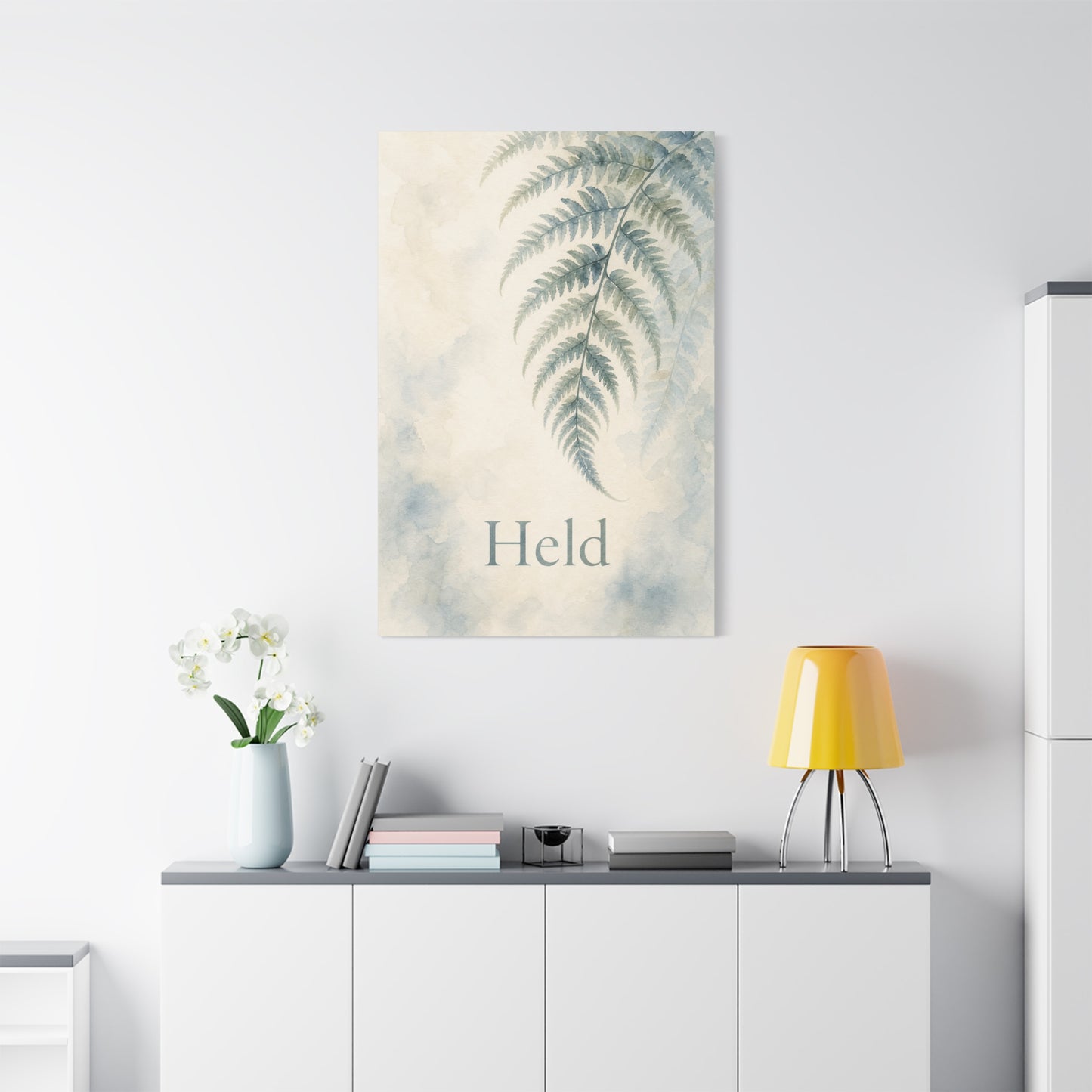 "Held" Fern Botanical Canvas Wall Art - Watercolor Leaf Print, Calming Bedroom Wall Decor, Minimalist Blue Green Nature Home Decoration, Meditation Space Accent - Ready to Hang - Cozy Reading Nook Art