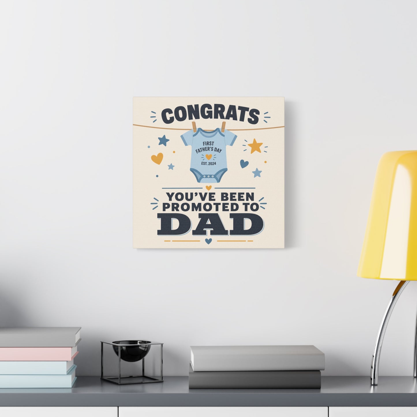"Congrats You've Been Promoted To Dad" Canvas Wall Art - Baby Onesie Quote Print, Blue And Gold Typography Decor - Nursery Bedroom Wall Hanging - Bedroom Home Decoration - Modern Farmhouse Style