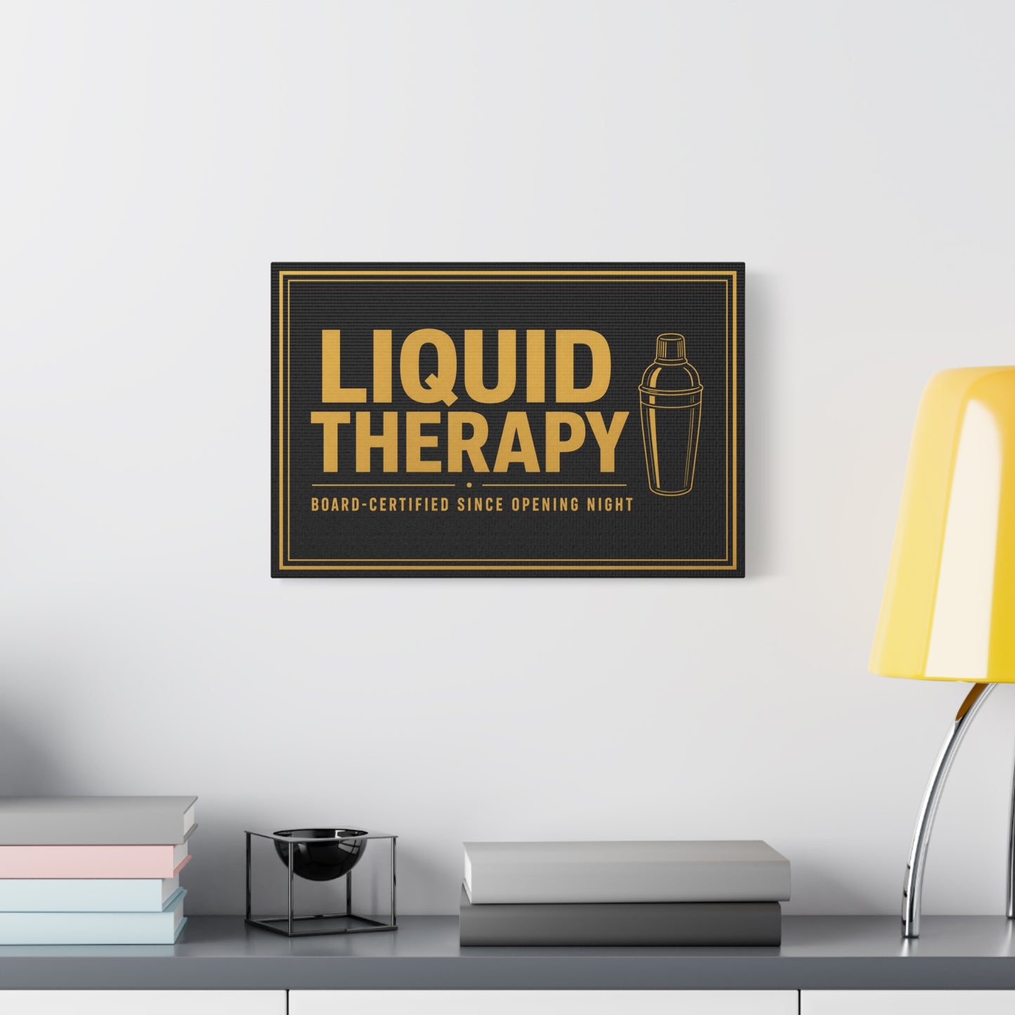 "Liquid Therapy" Cocktail Canvas Wall Art - Board-Certified Since Opening Night Bar Quote Print, Black And Gold Typography, Modern Lounge Decor - Pub Wall Art - Cocktail Lounge Decor - Ready to Hang