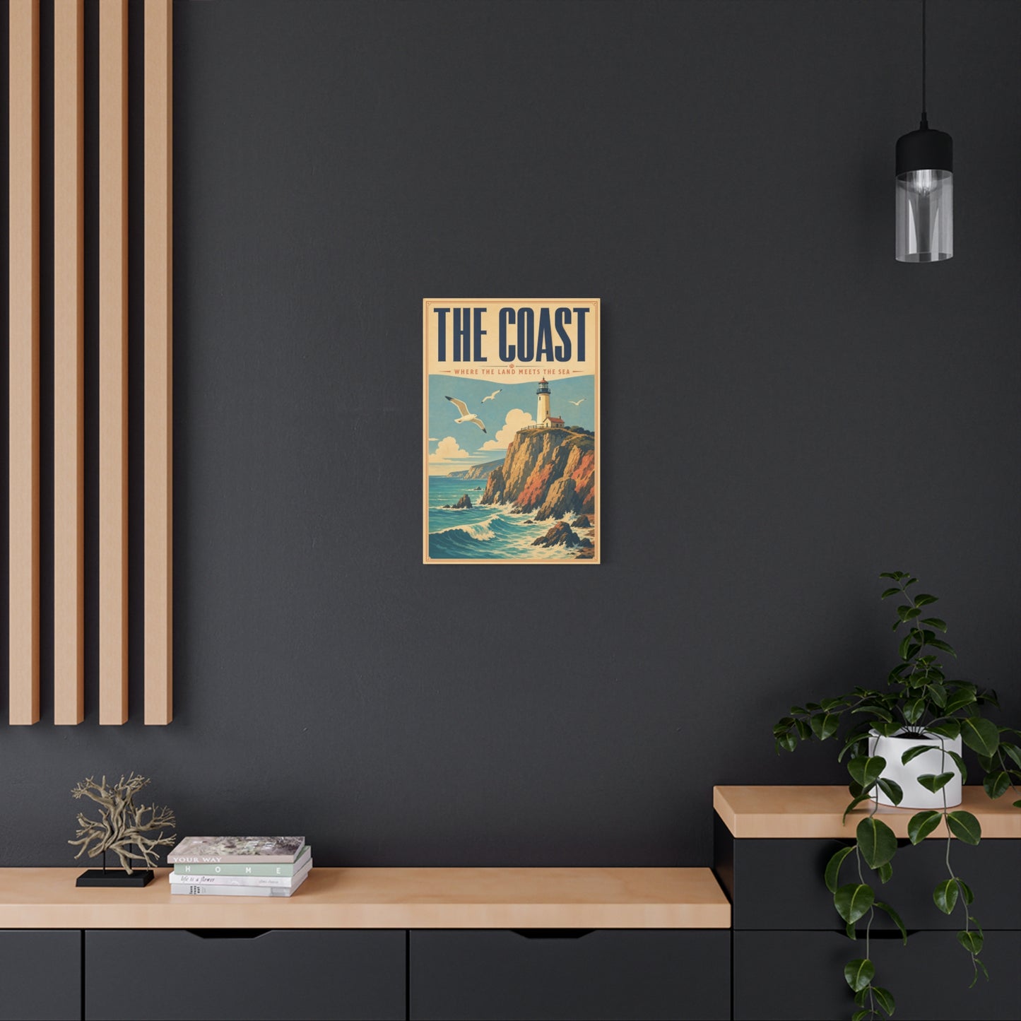 "The Coast Where The Land Meets The Sea" Canvas Wall Art - Vintage Lighthouse Seascape, Coastal Cliff Poster Style Print - Nautical Wall Decor, Beach House Living Room Decoration - Ready to Hang