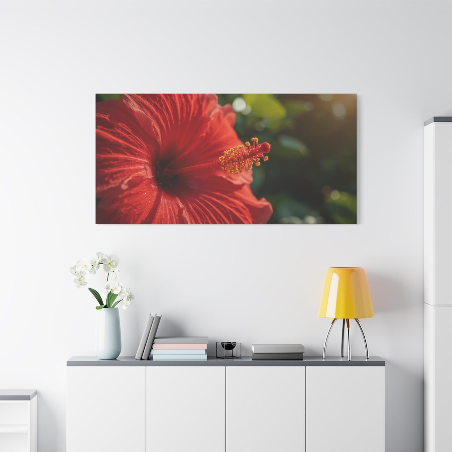 Red Hibiscus Flower Canvas Wall Art - Tropical Floral Botanical Art Print, Warm Sunlit Petals, Matte Cotton Canvas, Contemporary Nature Decor For Bedroom Living Room Office - Living Room Wall Decor