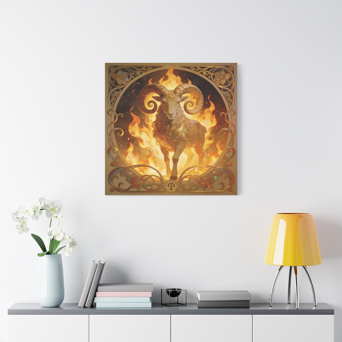 Aries Ram Canvas Wall Art - Fiery Zodiac Illustration, Ornate Gold Nouveau Design - Matte Cotton Art Print - Bohemian Astrology Decor, Bedroom Home Decoration, Office Wall Art - Modern Farmhouse Style