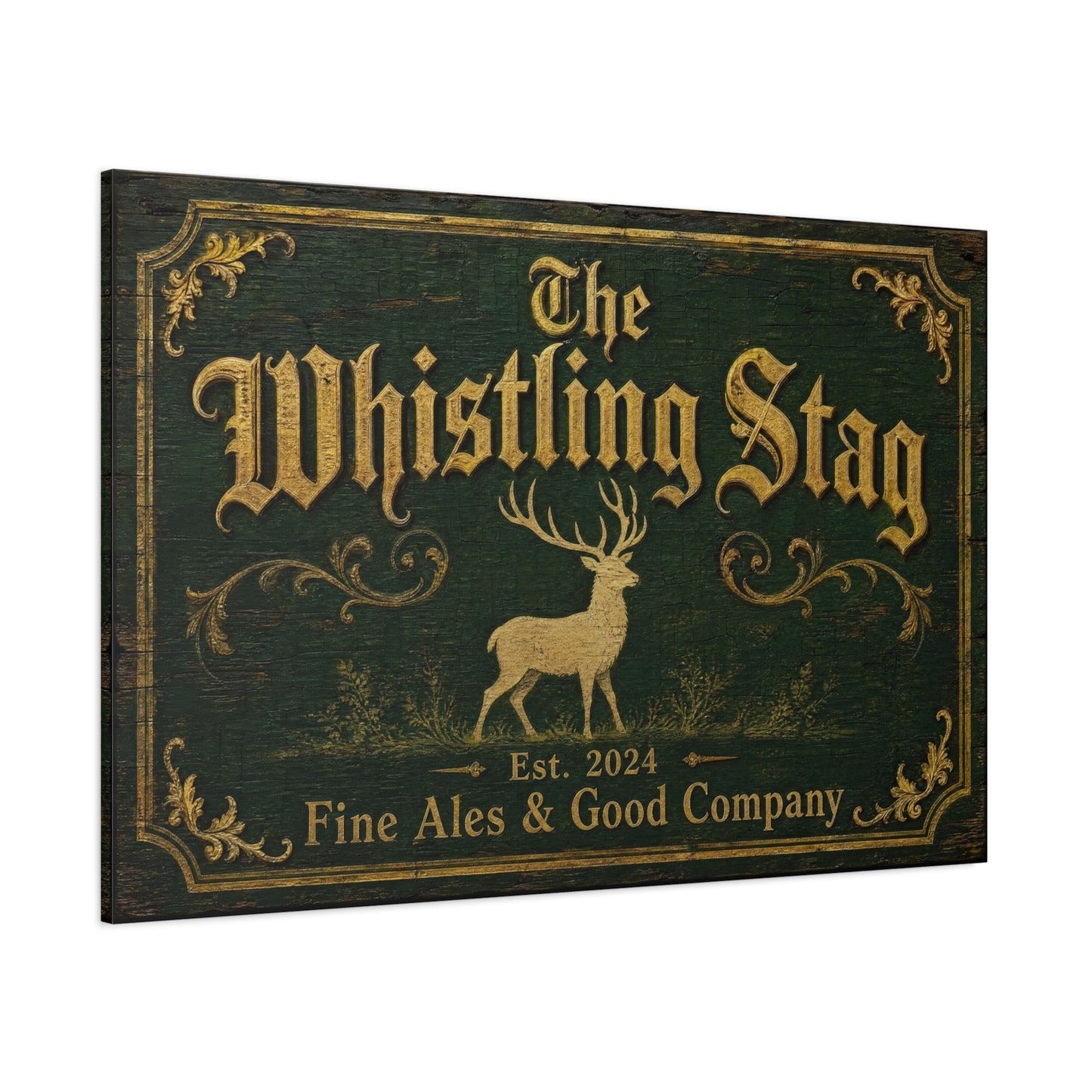 "The Whistling Stag" Canvas Wall Art - Vintage Deer Tavern Sign, Rustic Typography Print - Woodland Pub Style, Green And Gold - Bar Cart Accent - Ready to Hang - Pub Wall Art - Cocktail Lounge Decor