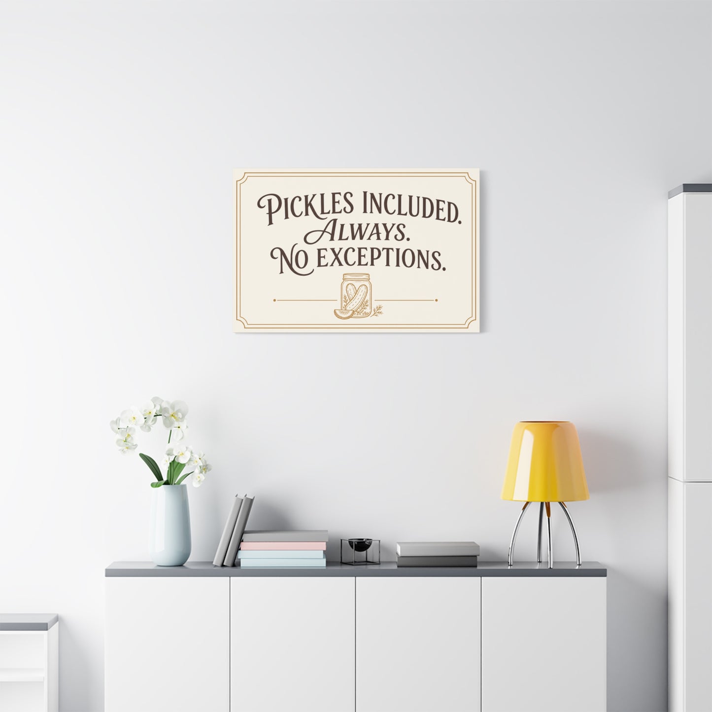 "Pickles Included. Always. No Exceptions." Funny Pickle Canvas Wall Art - Vintage Typography Kitchen Decor, Rustic Farmhouse Quote Print, Dining Room Wall Hanging - Ready to Hang - Ready to Hang