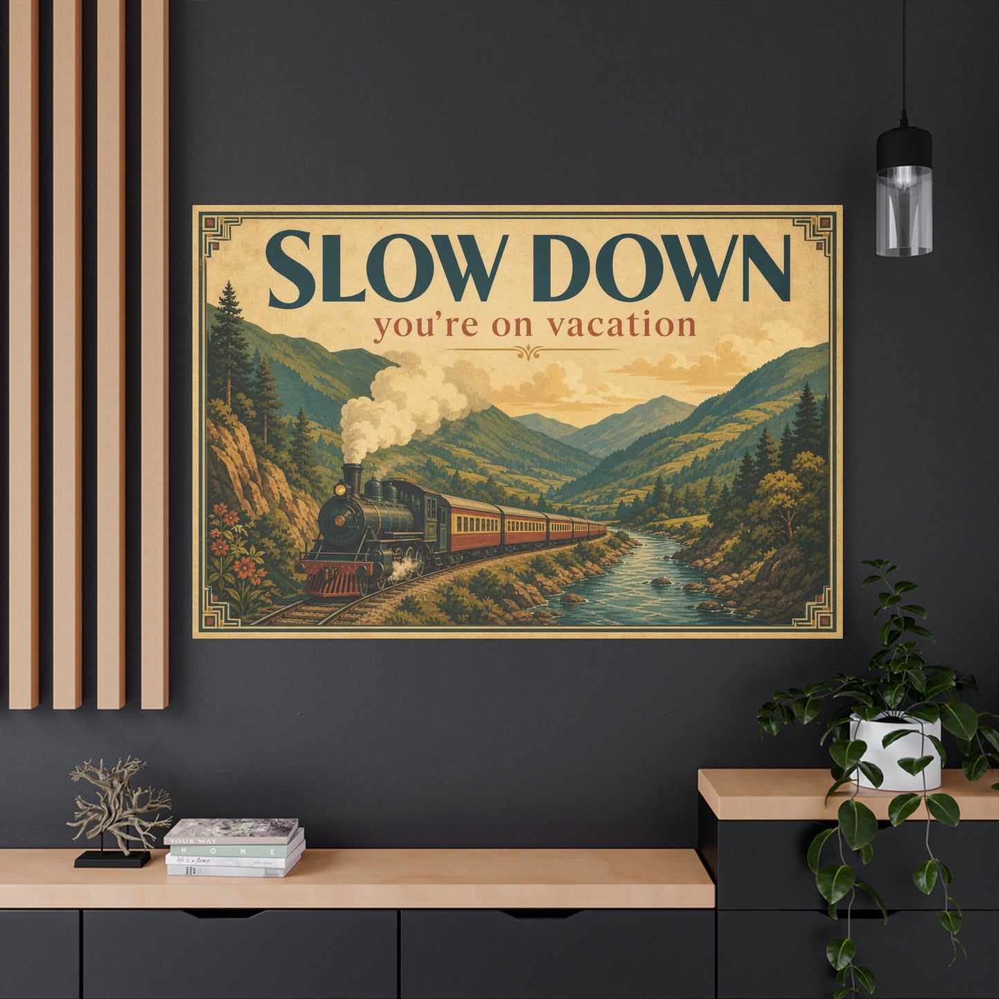 "Slow Down You're On Vacation" Vintage Train Canvas Wall Art - Mountain River Travel Poster Style, Retro Landscape Home Decor - Rustic Cabin Living Room Decoration, Vacation Rental Accent