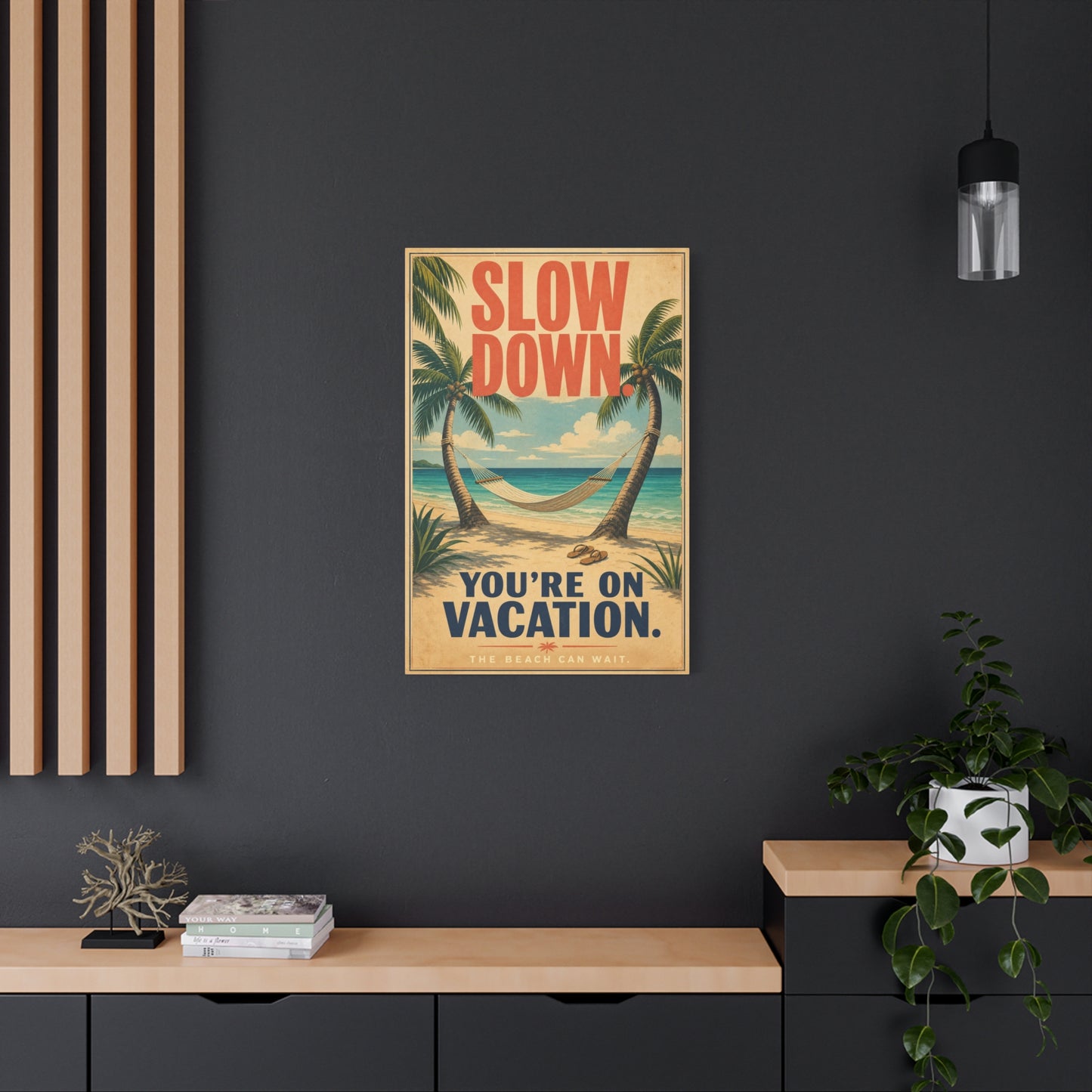 "Slow Down. You're On Vacation. The Beach Can Wait." Beach Canvas Wall Art - Tropical Palm Hammock Coastal Print - Vintage Typography Style - Bedroom Wall Decor, Vacation Rental Accent - Ready to Hang