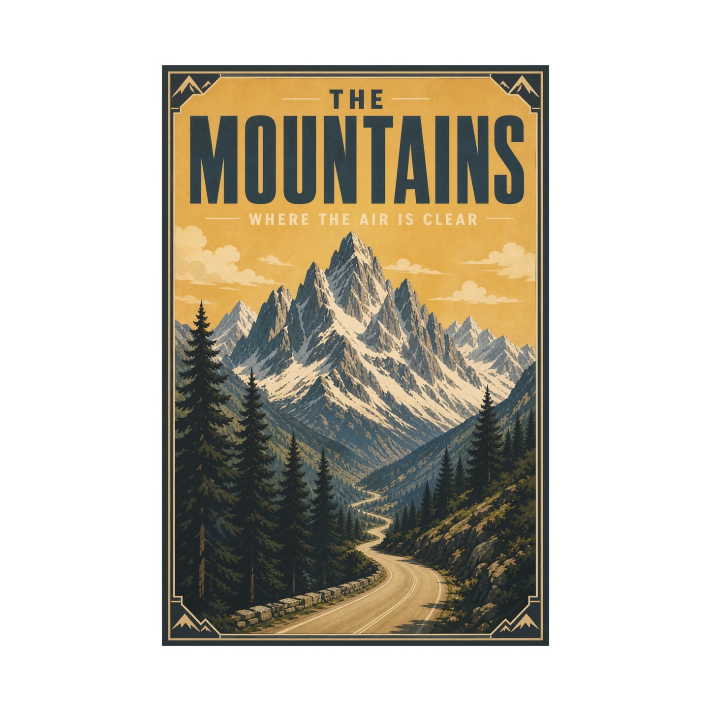 "The Mountains Where The Air Is Clear" Canvas Wall Art - Vintage Mountain Landscape Print, Golden Alpine Road Poster Style, Rustic Cabin Wall Decor - Ready to Hang - Bedroom Home Decoration