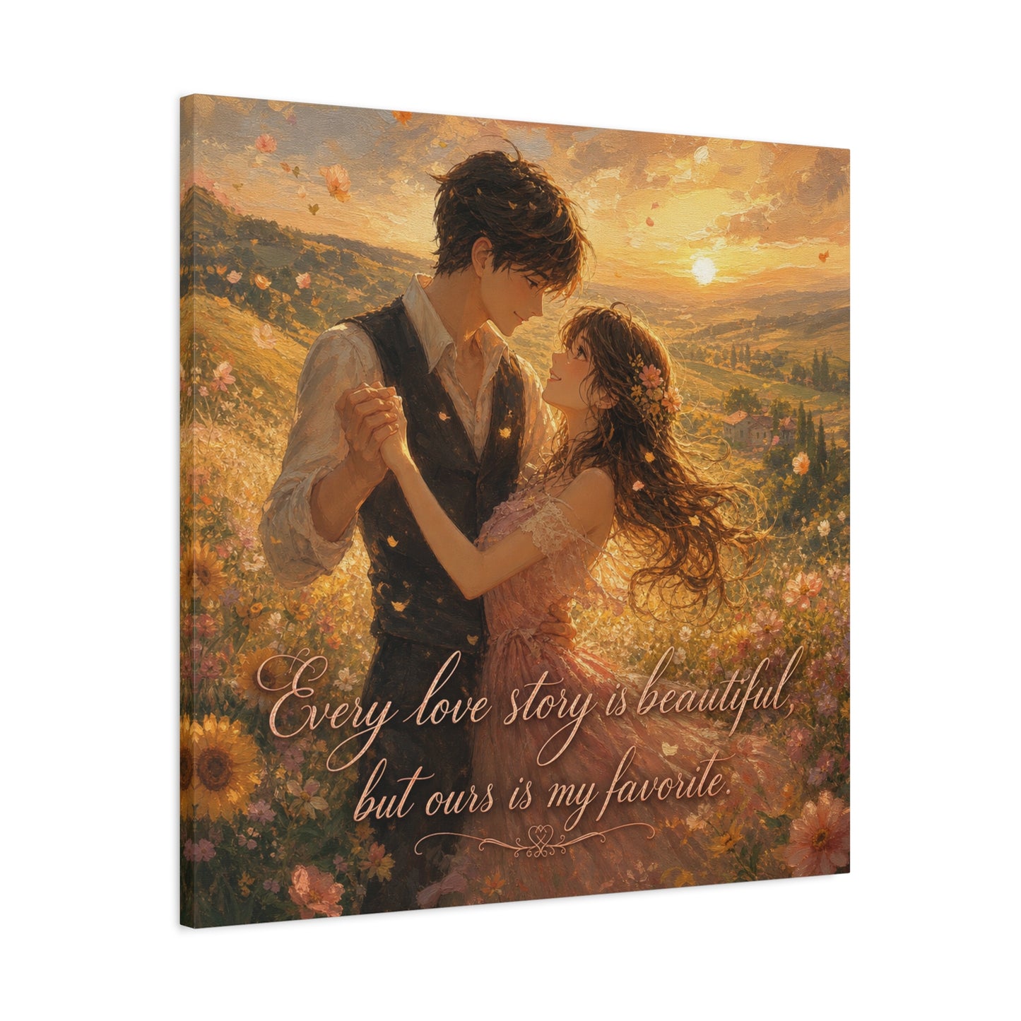 "Every Love Story Is Beautiful, But Ours Is My Favorite" Romantic Couple Canvas Wall Art - Golden Sunset Wildflower Field - Dreamy Rustic Style - Bedroom Wall Decor - Ready to Hang - Ready to Hang