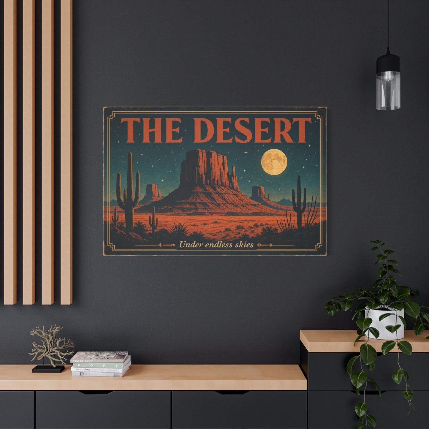 "THE DESERT" Canvas Wall Art - Moonlit Saguaro Desert Mesa Landscape, "Under endless skies" - Vintage Southwest Poster Style, Living Room Wall Decor, Bedroom Home Decoration - Bedroom Home Decoration