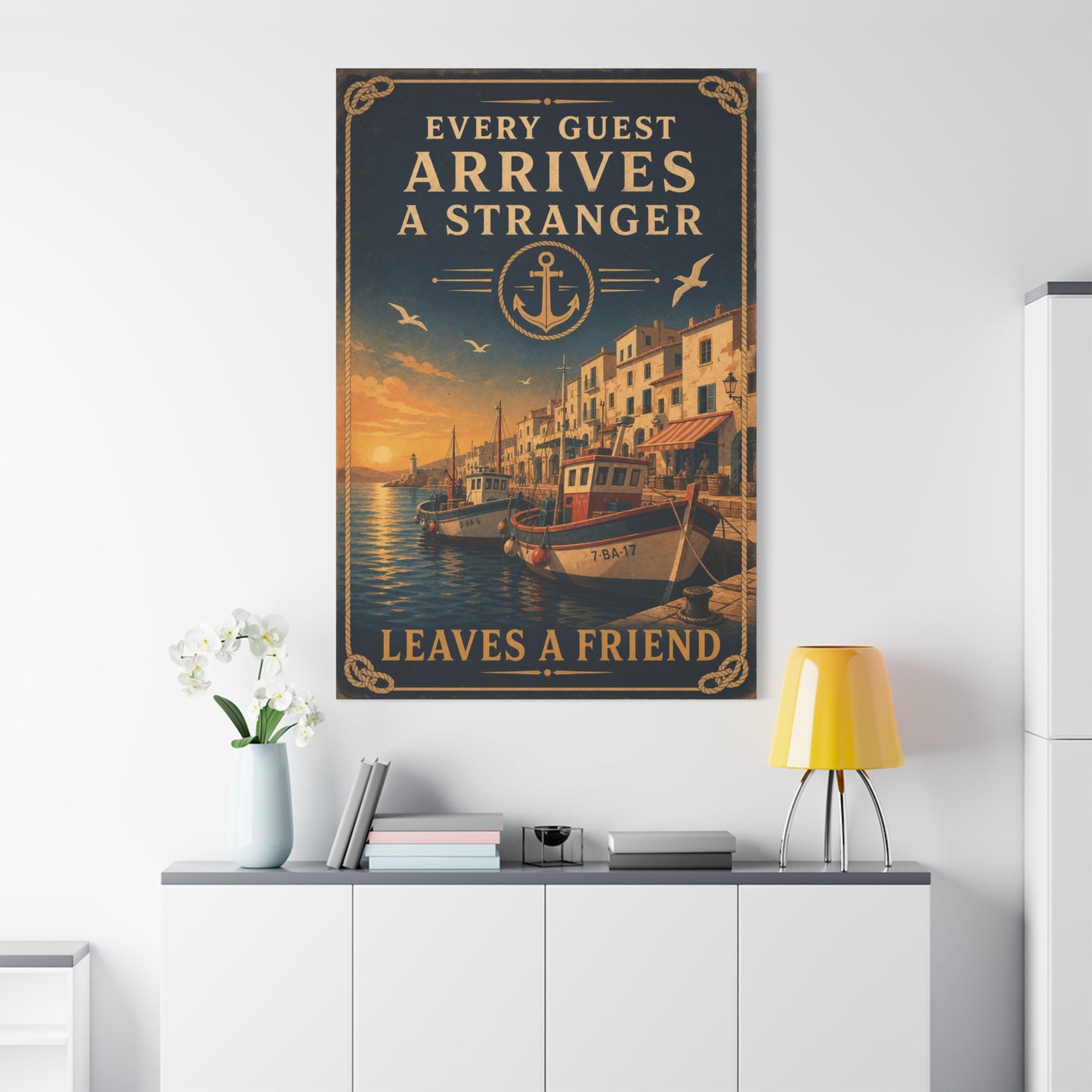 "Every Guest Arrives A Stranger Leaves A Friend" Nautical Canvas Wall Art - Vintage Harbor Sunset, Coastal Typography Print, Anchor Sailor Decor, Living Room Wall Decor - Bedroom Home Decoration