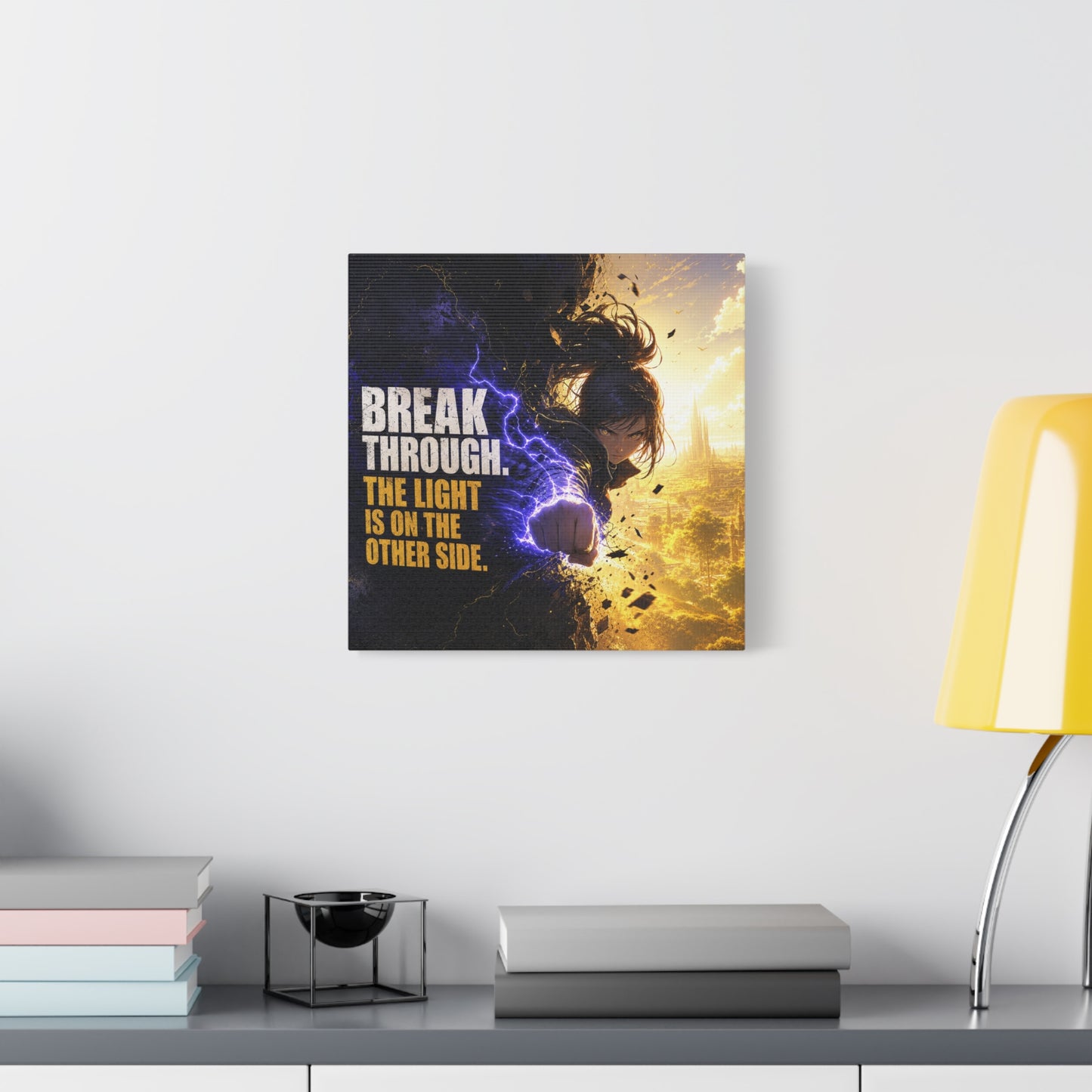 "Break Through. The Light Is On The Other Side." Anime Canvas Wall Art - Motivational Fantasy Girl Poster Print, Dramatic Gold Lightning, Contemporary Bedroom Decor, Teen Room Accent - Office Wall Art