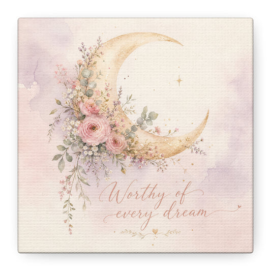 "Worthy Of Every Dream" Moon Canvas Wall Art - Floral Crescent, Inspirational Blush Gold Watercolor - Bohemian Bedroom Wall Decor - Nursery Home Decoration - Bedroom Home Decoration - Ready to Hang