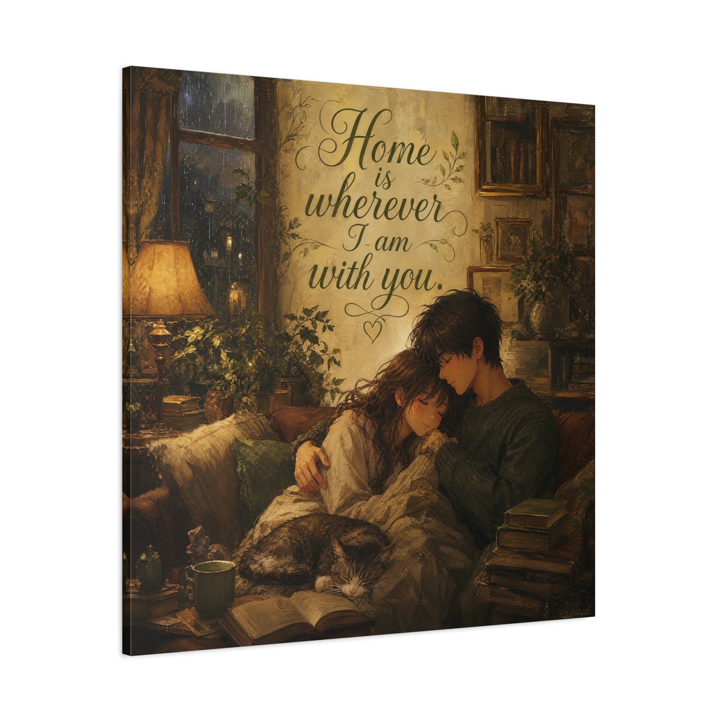 "Home Is Wherever I Am With You." Couple Canvas Wall Art - Romantic Cozy Reading Nook Quote Print - Vintage Warm Lamplight Style - Living Room Wall Decor, Bedroom Home Decoration - Ready to Hang