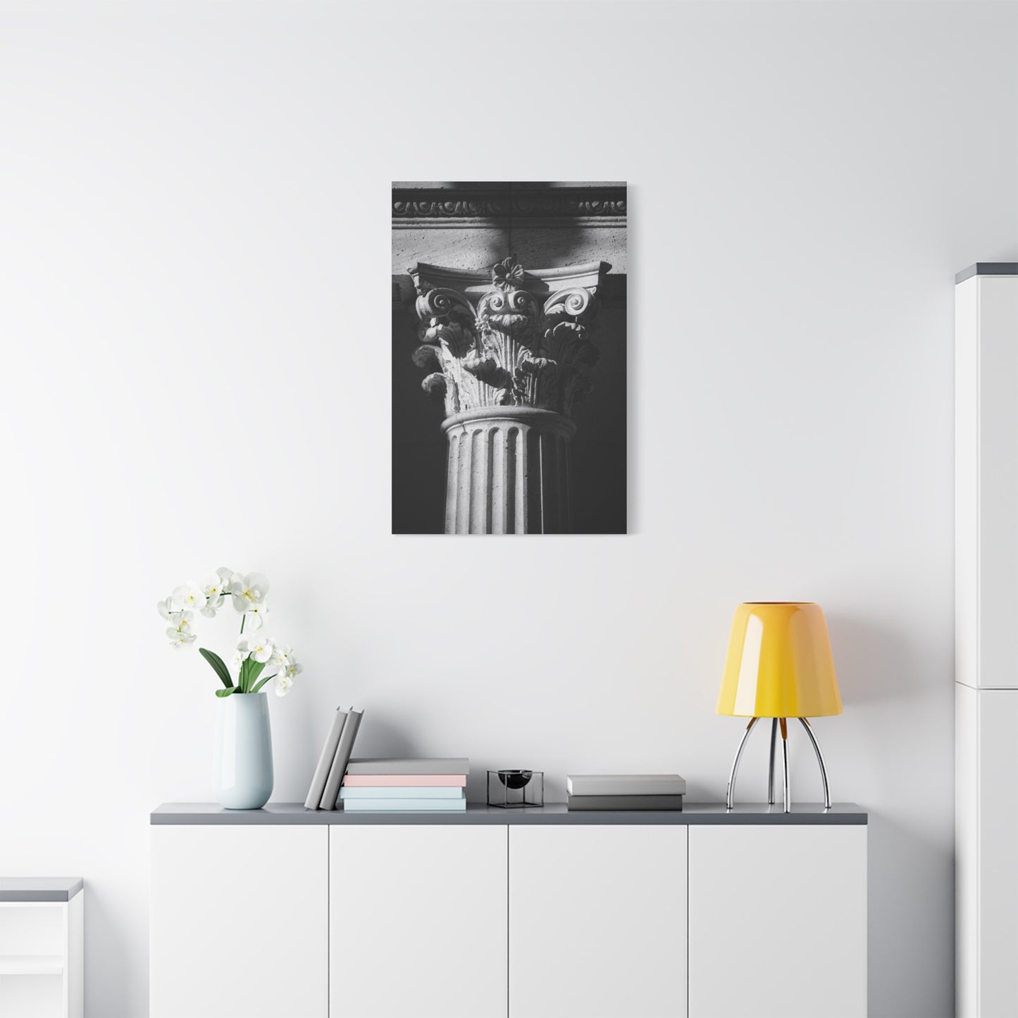 Black And White Corinthian Column Canvas Wall Art - Architectural Art Print, Dramatic Light, Matte Cotton Decor - Modern Minimalist Living Room Wall Decor, Office Art - Bedroom Home Decoration
