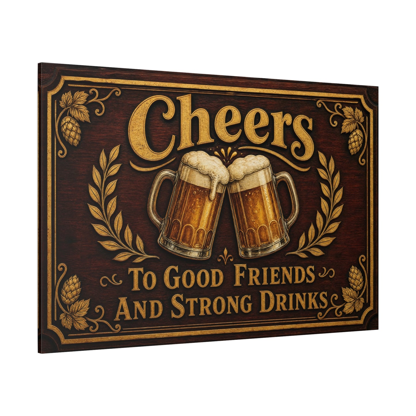 "Cheers To Good Friends And Strong Drinks" Canvas Wall Art - Vintage Beer Mug Pub Sign, Rustic Bar Decor, Brown Gold Typography Print, Man Cave Wall Hanging, Kitchen Dining Room Accent - Ready to Hang