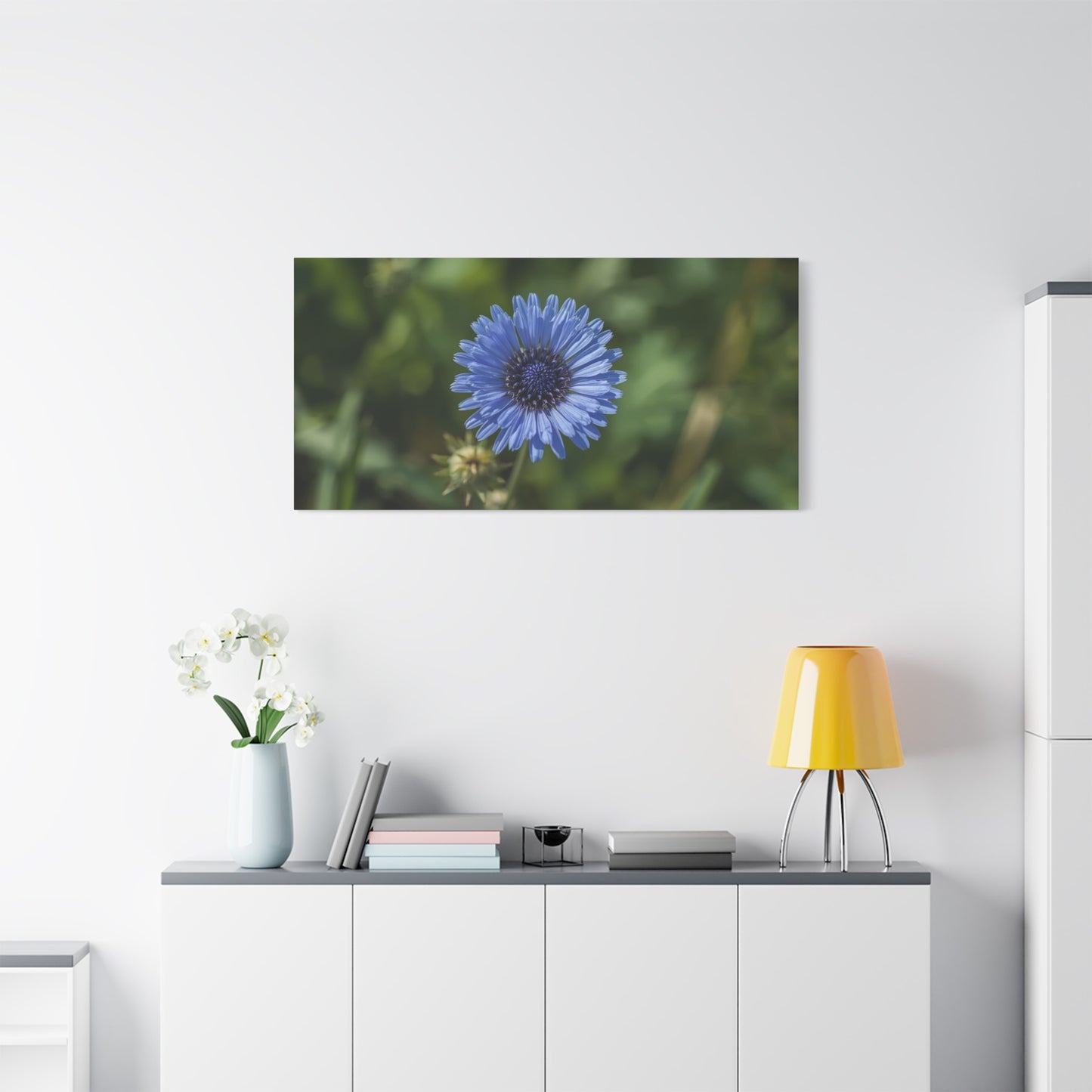 Blue Cornflower Canvas Wall Art - Botanical Flower Art Print, Green Bokeh Background - Matte Cotton Canvas - Contemporary Floral Style - Bedroom Wall Decor, Spa Accent - Modern Farmhouse Style
