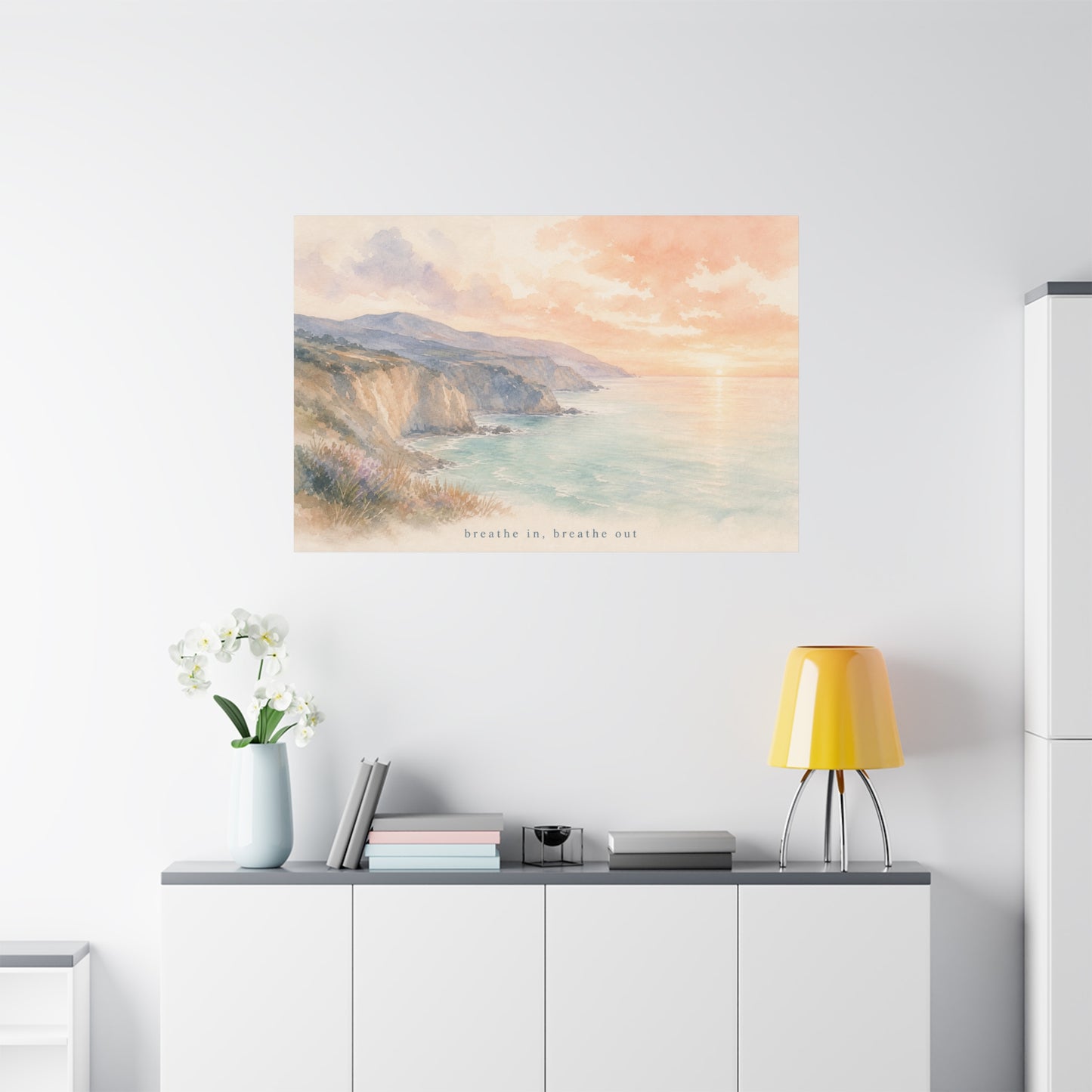 "Breathe In, Breathe Out" Coastal Sunset Canvas Wall Art - Watercolor Cliff Seascape, Jellyfish Room Decor, Serene Beach Landscape Print - Bedroom Home Decoration, Meditation Space - Office Wall Art