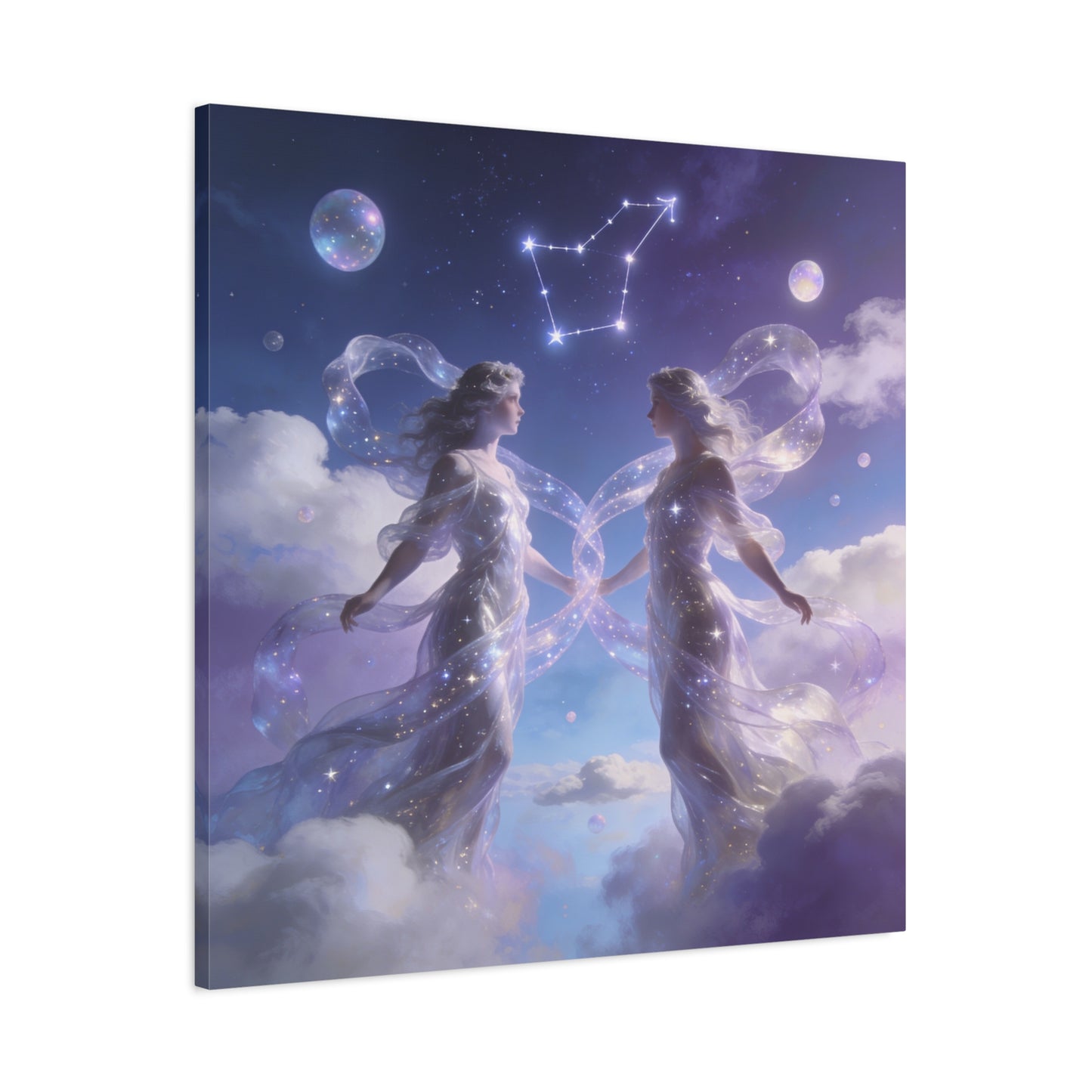 Gemini Zodiac Canvas Wall Art - Celestial Twin Women Under Constellation, Dreamy Fantasy Sky Scene - Matte Cotton Art Print - Bedroom Wall Decor, Meditation Space Accent - Bedroom Home Decoration