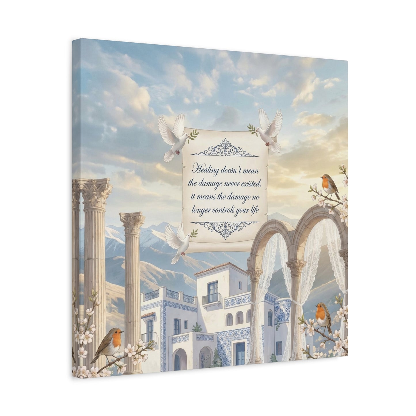 "The Damage No Longer Controls Your Life" Inspirational Canvas Wall Art - Doves, Robins, Classical Arches, Mountain Villa Quote Print - Matte Finish Canvas - Bedroom Home Decoration, Meditation Space