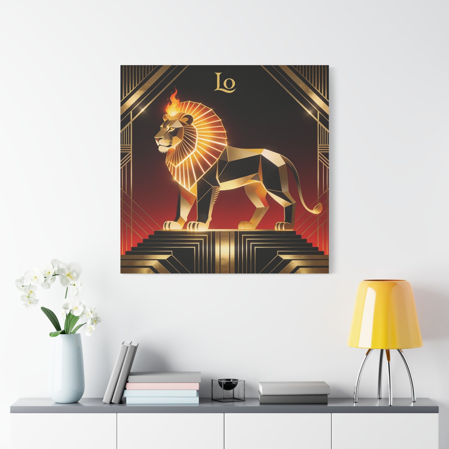 "Lo" Geometric Lion Canvas Wall Decor - Art Deco Gold Black Red Animal Print - Flaming Mane Illustration, Modern Luxe Interior Accent, Living Room Home Decoration - Living Room Wall Decor