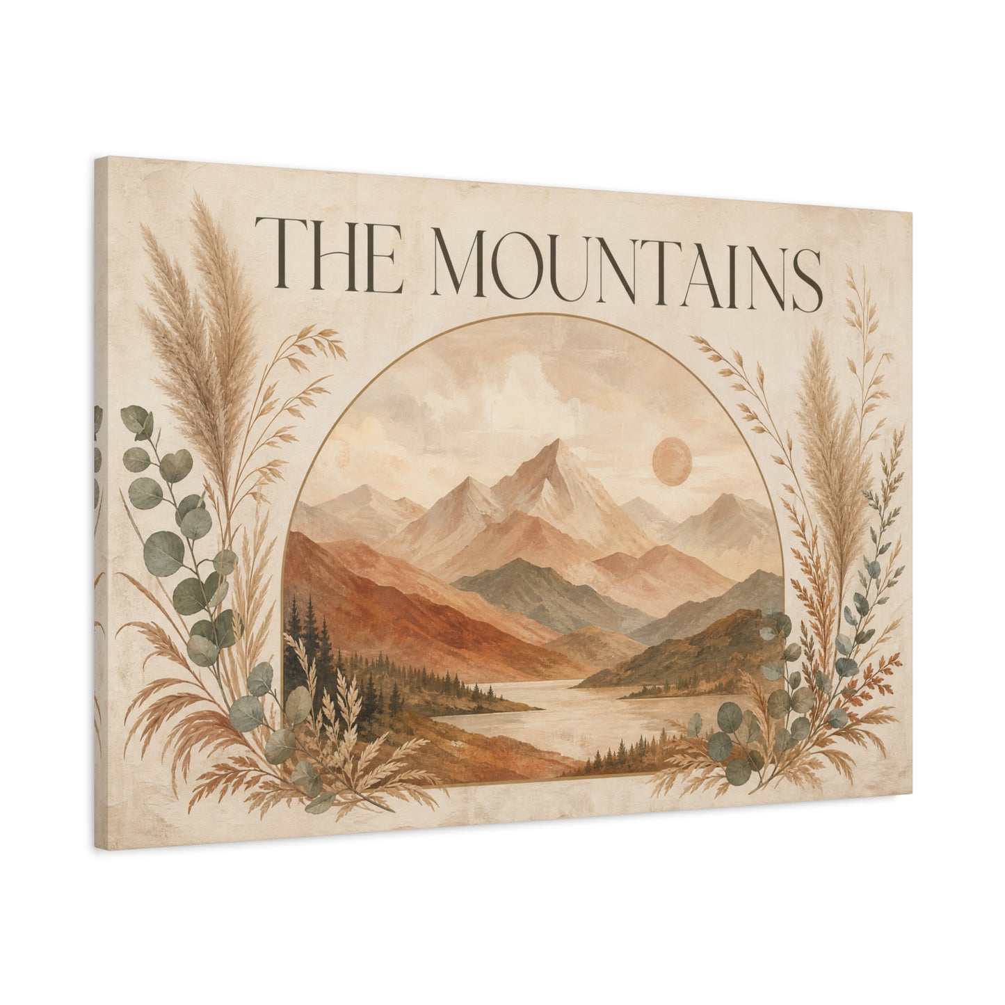 "The Mountains" Mountain Landscape Canvas Wall Art - Neutral Boho Nature Print, Desert Sun Lake Scene, Contemporary Rustic Style - Living Room Wall Decor, Bedroom Home Decoration - Ready to Hang