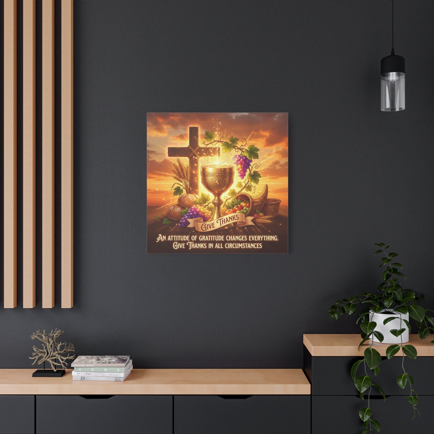 "Give Thanks" Christian Canvas Wall Art - Cross, Communion Chalice, Grapes, Bread - Gratitude Scripture Decor, Matte Cotton Print - Ready to Hang