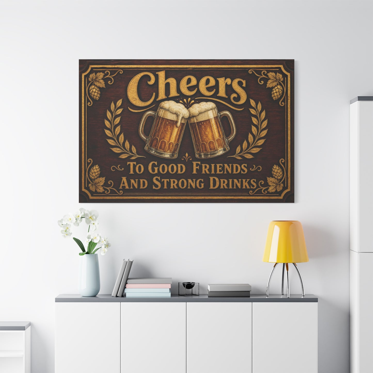 "Cheers To Good Friends And Strong Drinks" Canvas Wall Art - Vintage Beer Mug Pub Sign, Rustic Bar Decor, Brown Gold Typography Print, Man Cave Wall Hanging, Kitchen Dining Room Accent - Ready to Hang