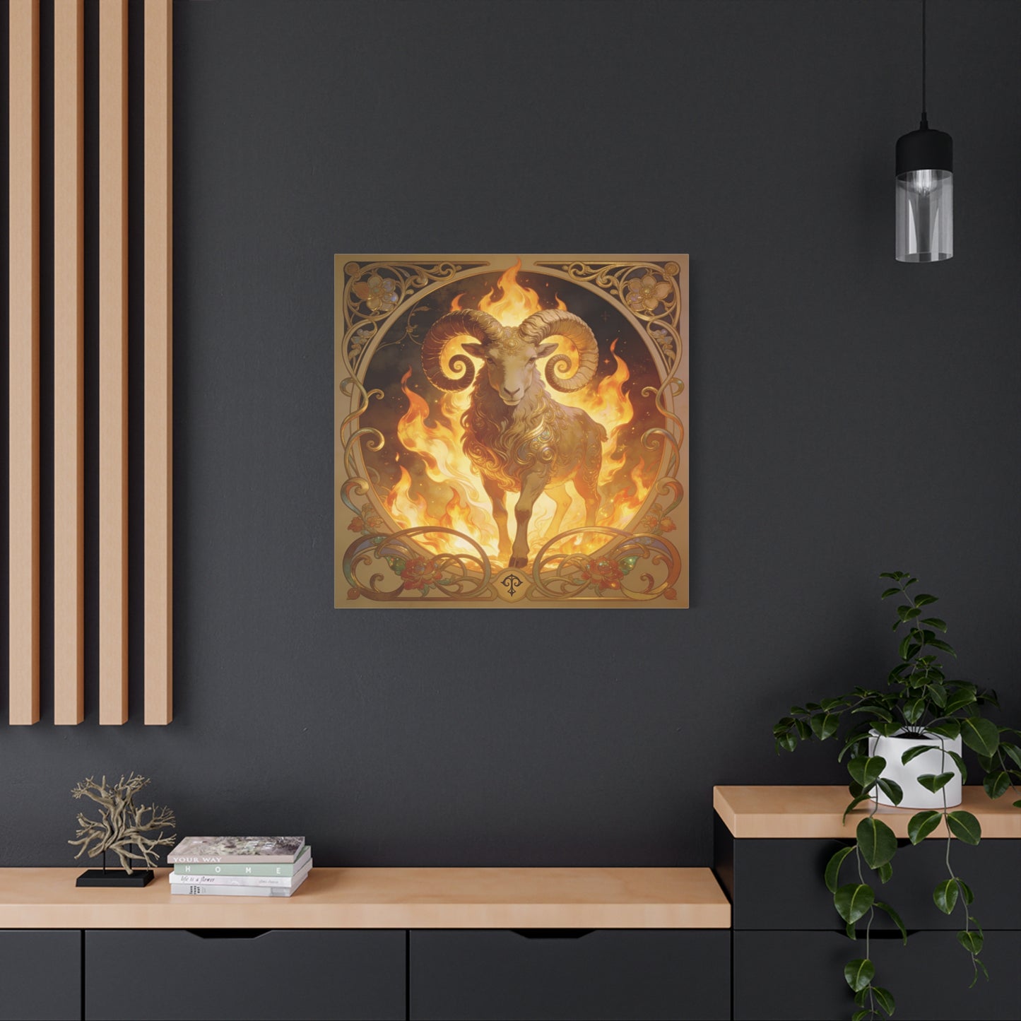 Aries Ram Canvas Wall Art - Fiery Zodiac Illustration, Ornate Gold Nouveau Design - Matte Cotton Art Print - Bohemian Astrology Decor, Bedroom Home Decoration, Office Wall Art - Modern Farmhouse Style