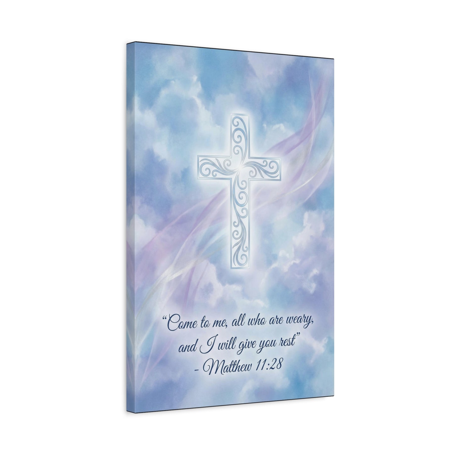 "Come To Me, All Who Are Weary, And I Will Give You Rest" Cross Canvas Wall Art - Matthew 11:28 Scripture Decor, Traditional Christian Wall Hanging, Serene Bedroom Living Room Accent - Ready to Hang