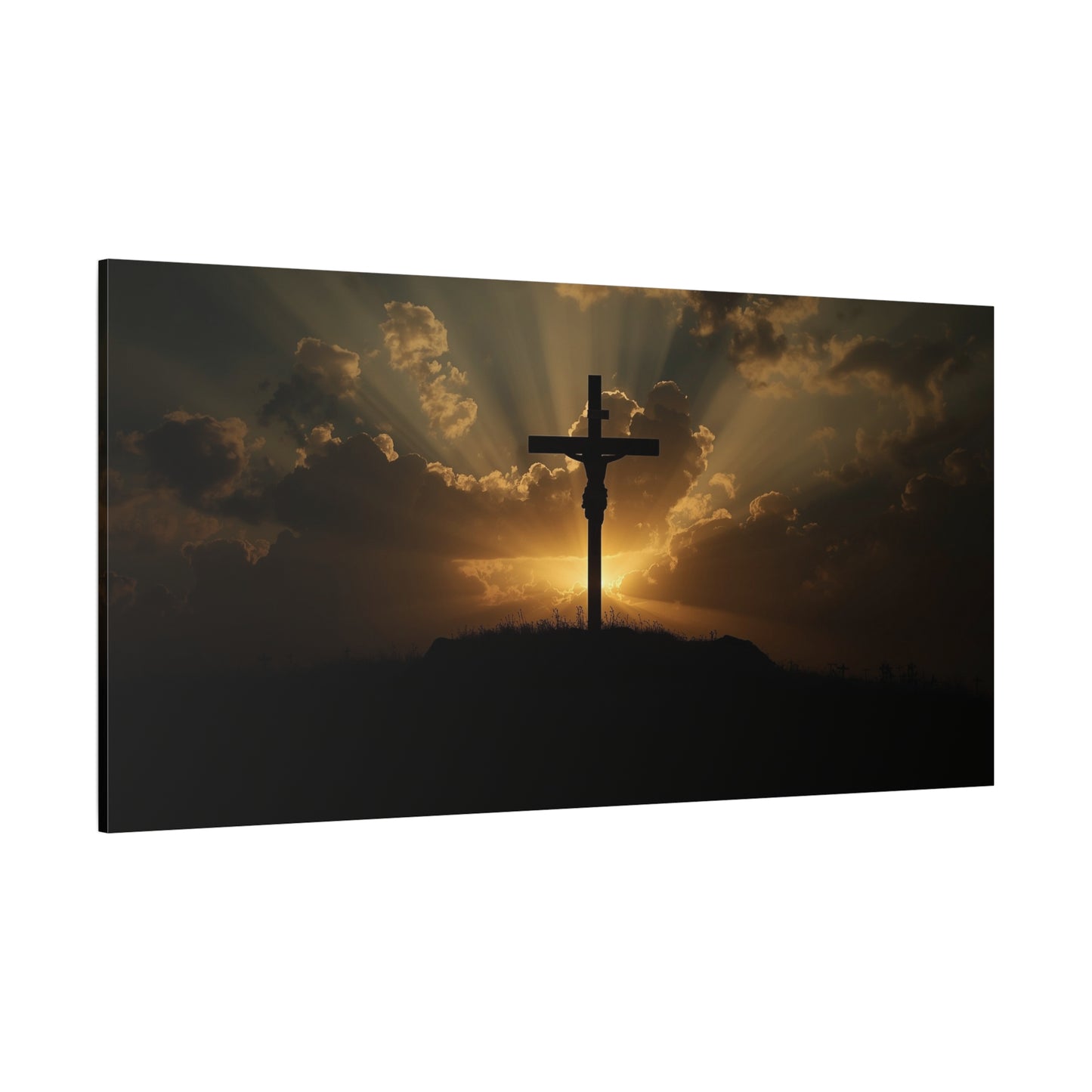 Jesus Christ Crucifix Canvas Wall Art - Sunset Cross Silhouette, Golden Sky Rays - Matte Cotton Print - Religious Christian Decor For Living Room, Bedroom, Office Wall Display - Modern Farmhouse Style