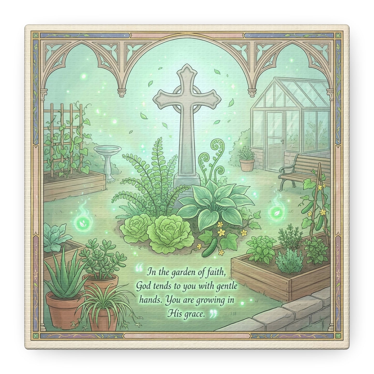 "In The Garden Of Faith" Christian Canvas Wall Art - Cross Garden Quote Print - Botanical Scripture Decor, Matte Cotton Canvas - Traditional Religious Wall Decor For Bedroom Office - Ready to Hang