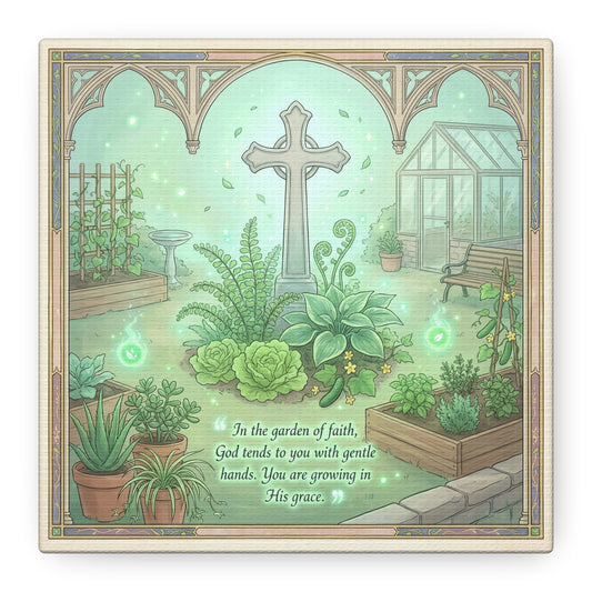 "In The Garden Of Faith" Christian Canvas Wall Art - Cross Garden Quote Print - Botanical Scripture Decor, Matte Cotton Canvas - Traditional Religious Wall Decor For Bedroom Office - Ready to Hang