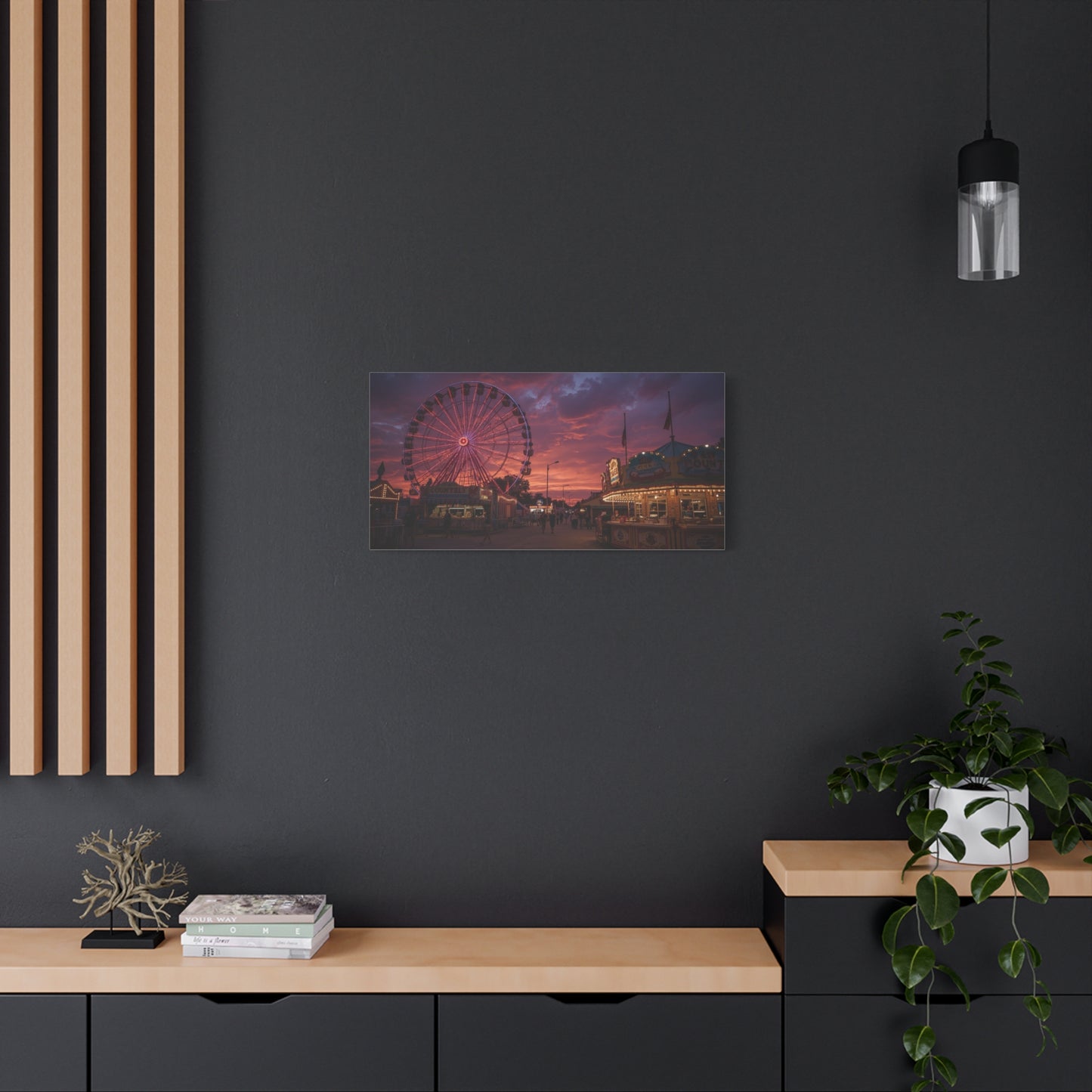 Ferris Wheel Sunset Canvas Wall Art - Carnival Boardwalk Art Print, Purple Pink Sky, Contemporary Nightscape - Living Room Wall Decor, Bedroom Home Decoration, Office Art - Ready to Hang