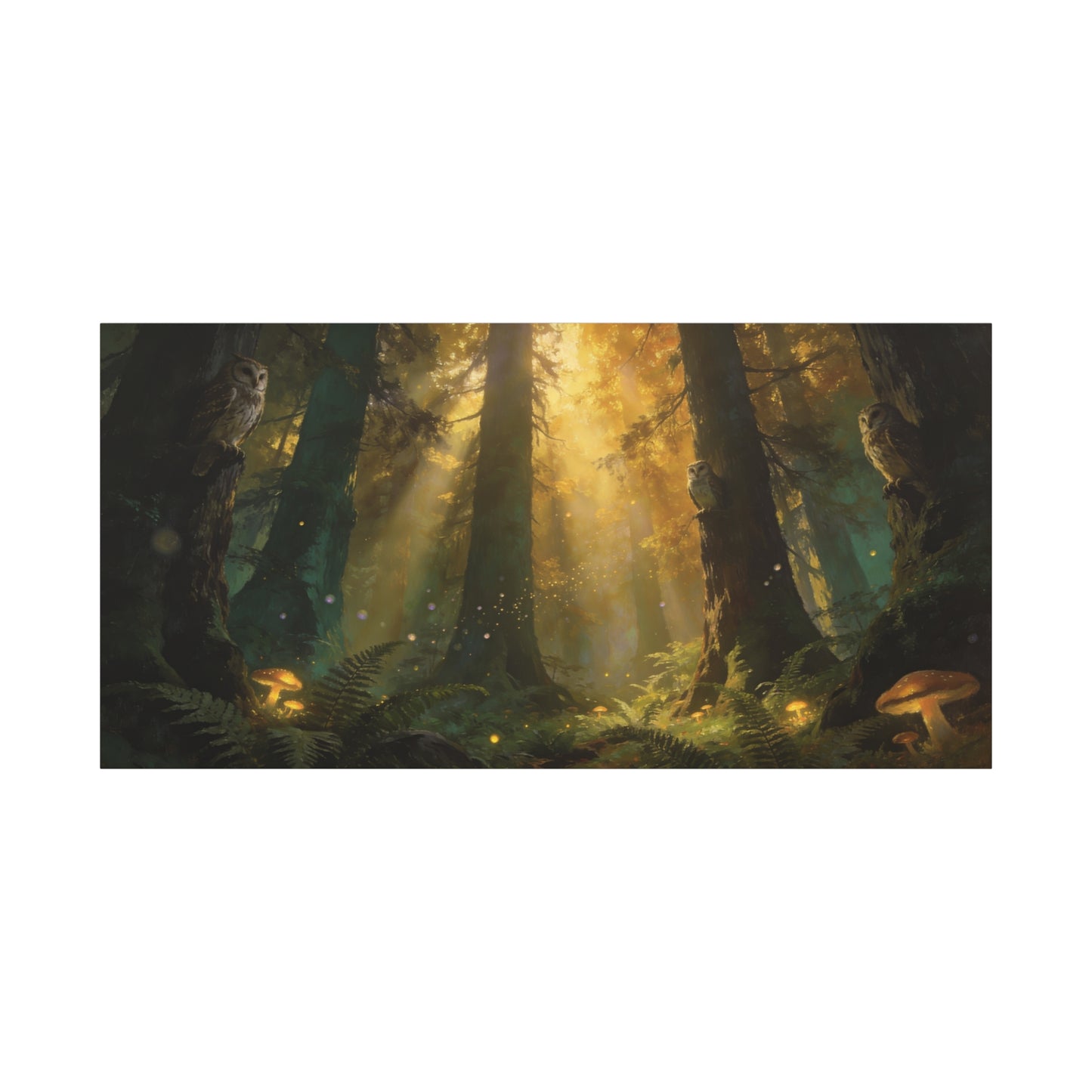 Owl Forest Canvas Wall Art - Sunbeams, Mushrooms, Fern Woodland Scene - Matte Cotton Print - Mystical Nature Style - Living Room Wall Decor, Bedroom Home Decoration - Bedroom Home Decoration