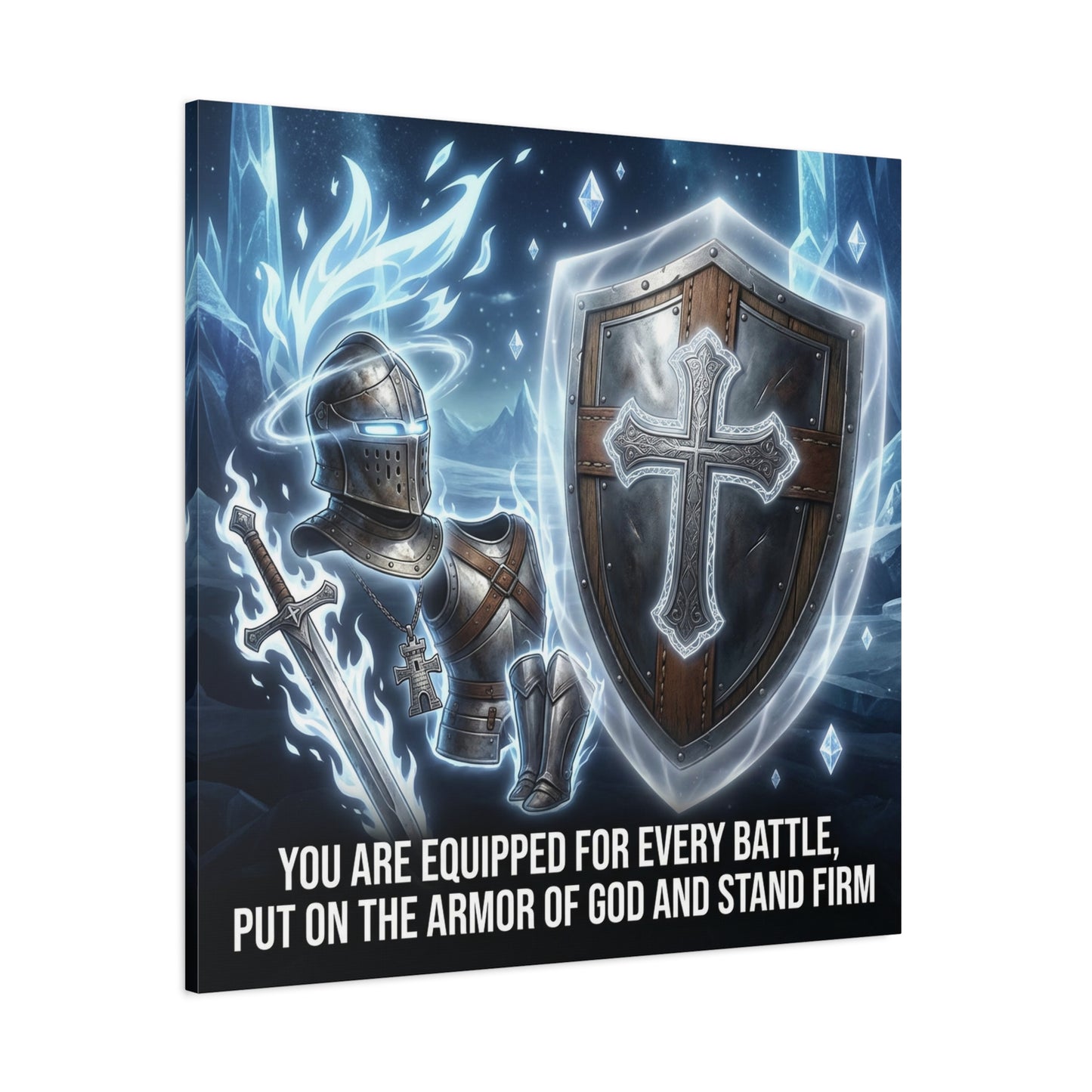 "You Are Equipped For Every Battle, Put On The Armor Of God And Stand Firm" Christian Canvas Wall Art - Knight Armor, Cross Shield, Scripture Decor - Blue Fantasy Style - Living Room - Office Wall Art