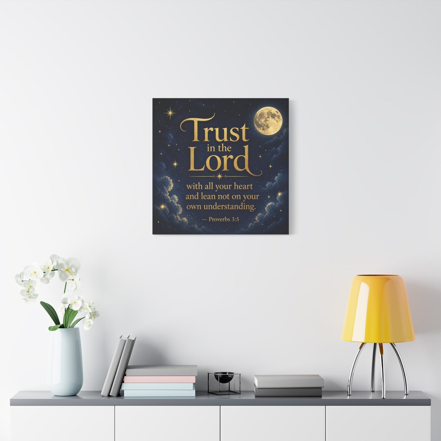 "Trust In The Lord" Bible Verse Canvas Wall Art - Moonlit Scripture Quote, Gold Typography, Christian Wall Decor - Traditional Night Sky Design - Bedroom Living Room Decoration - Ready to Hang